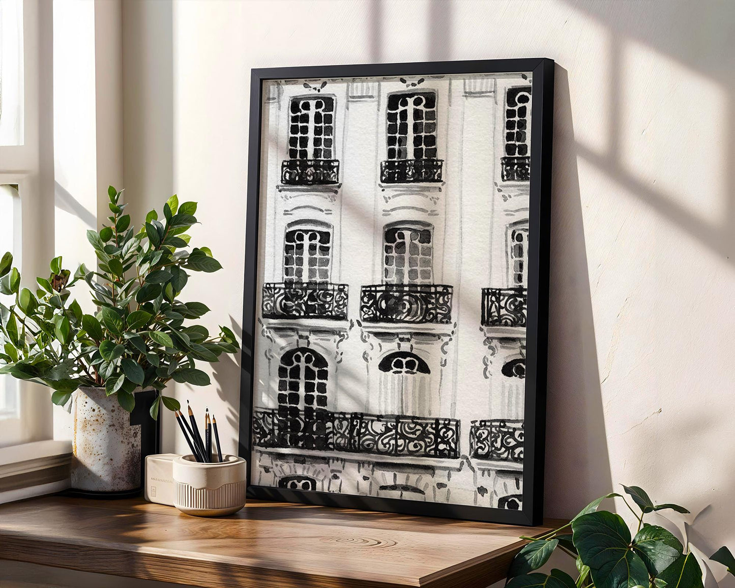 Designer Wall Art | Paris Haussmann Architecture Print | Black & White Balcony wall art print, black and white architectural poster, minimalist modern Scandinavian wall decor, Monohaus