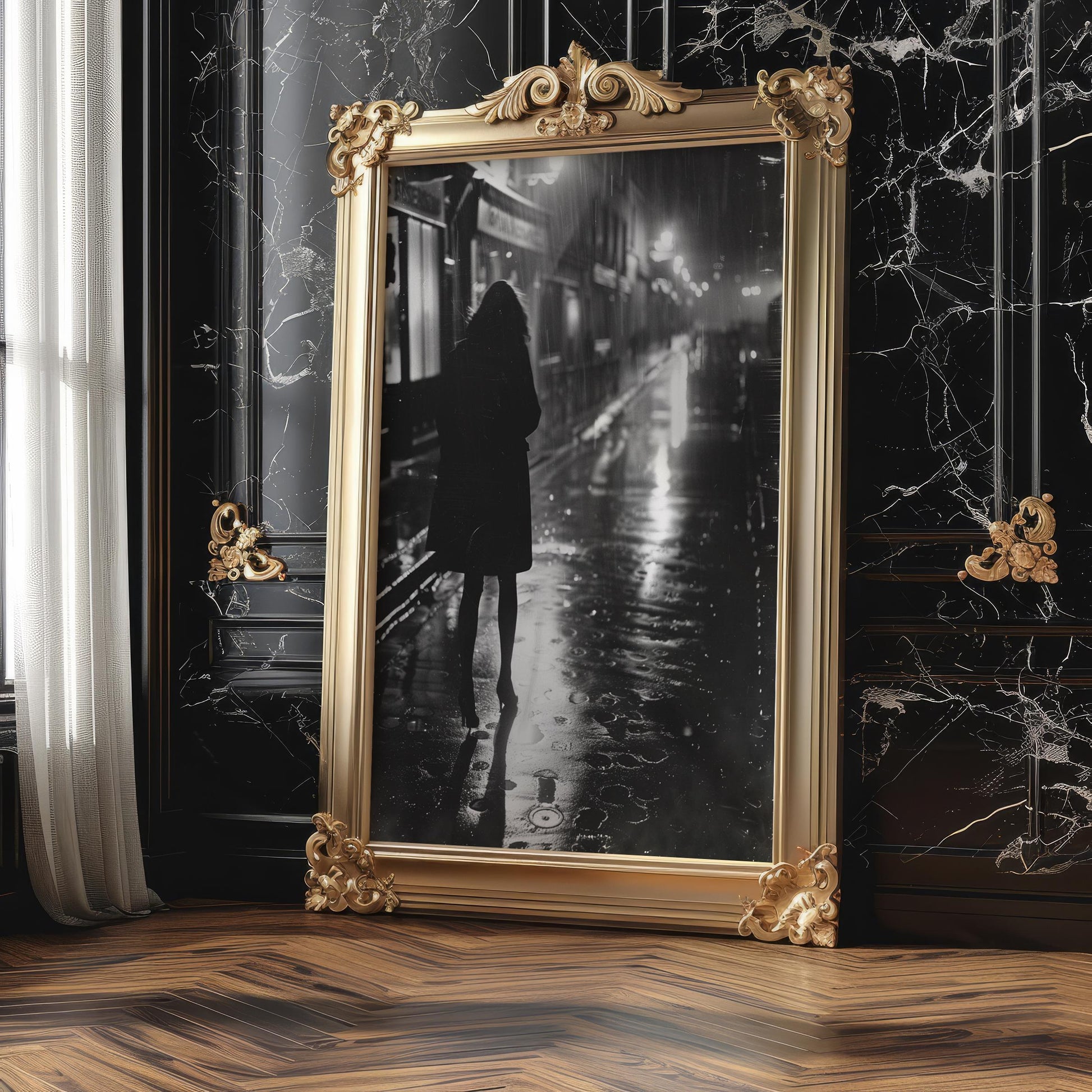 Rainy Street Photography Print | Black and White Noir, Urban Minimalist Decor black and white photo print, minimalist monochrome wall art poster for modern interiors, Monohaus