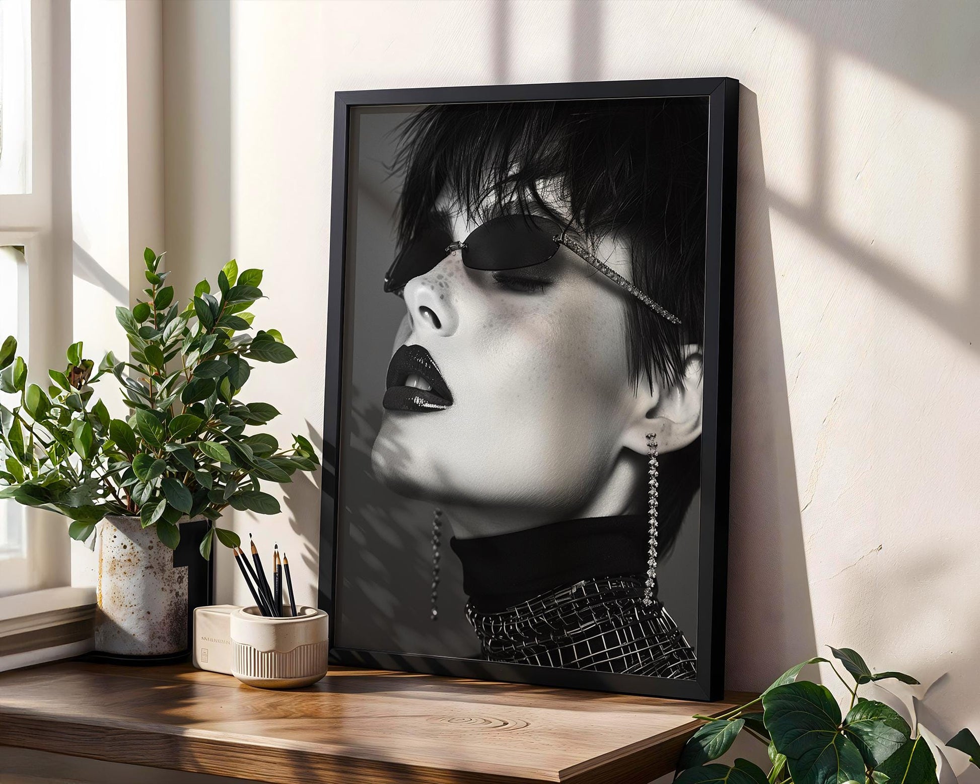 Minimal Wall Art Woman Portrait Print | Glossy Lips, Futuristic Shades Art wall art print, minimalist black and white poster, modern Scandinavian wall decor, Monohaus
