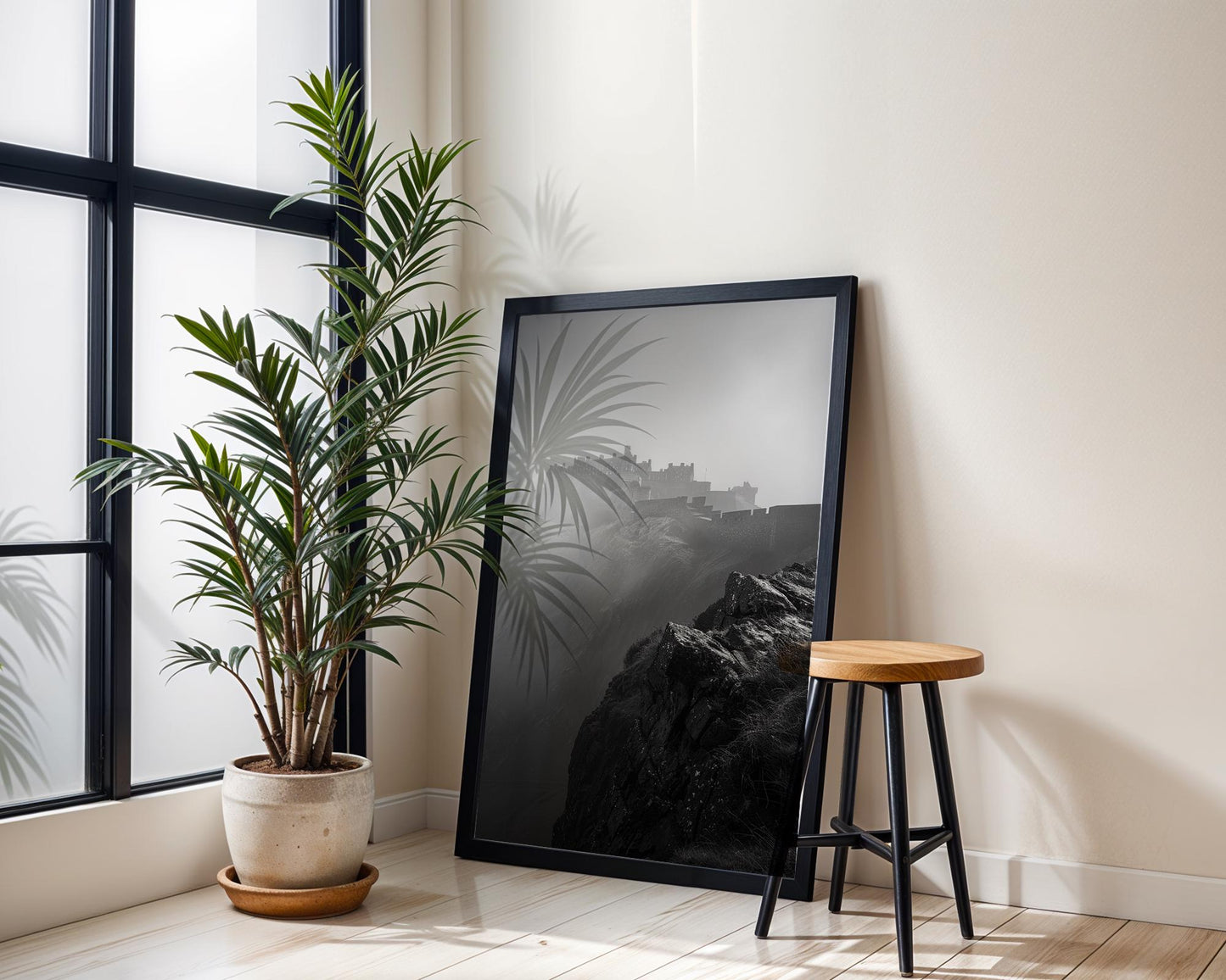 World Landmark | Edinburgh Castle Print | Moody Scotland Black & White Photography wall art print, minimalist black and white poster, modern Scandinavian wall decor, Monohaus