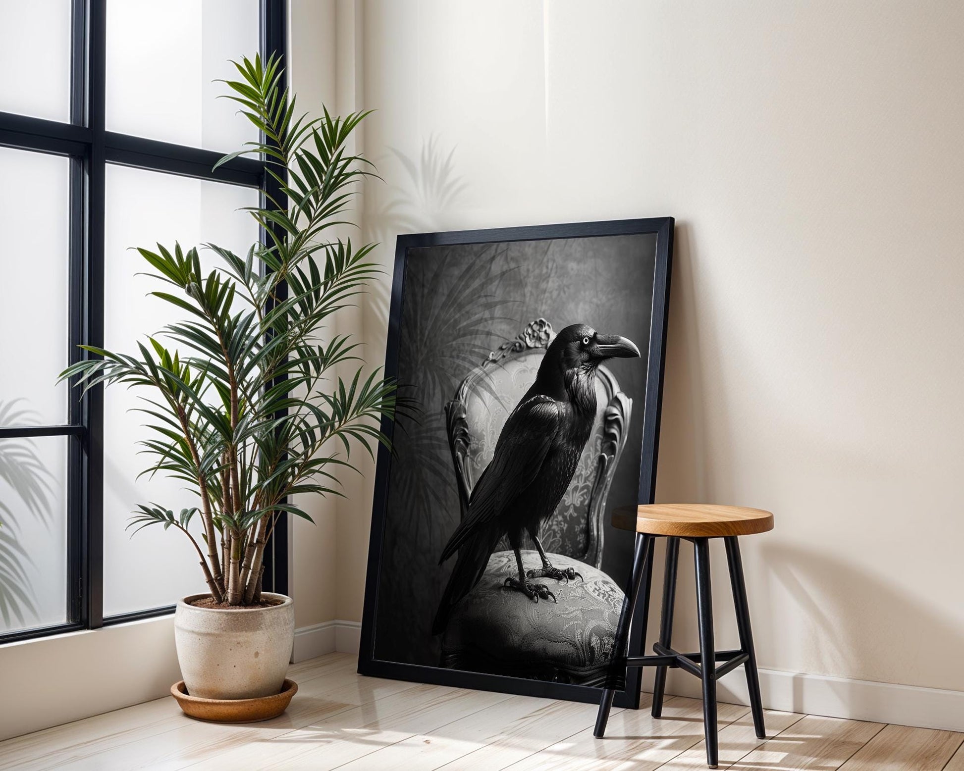 Designer Wall Art | Raven Portrait Art Print | Gothic Dark Academia, Black and White wall art print, minimalist black and white poster, modern Scandinavian wall decor, Monohaus