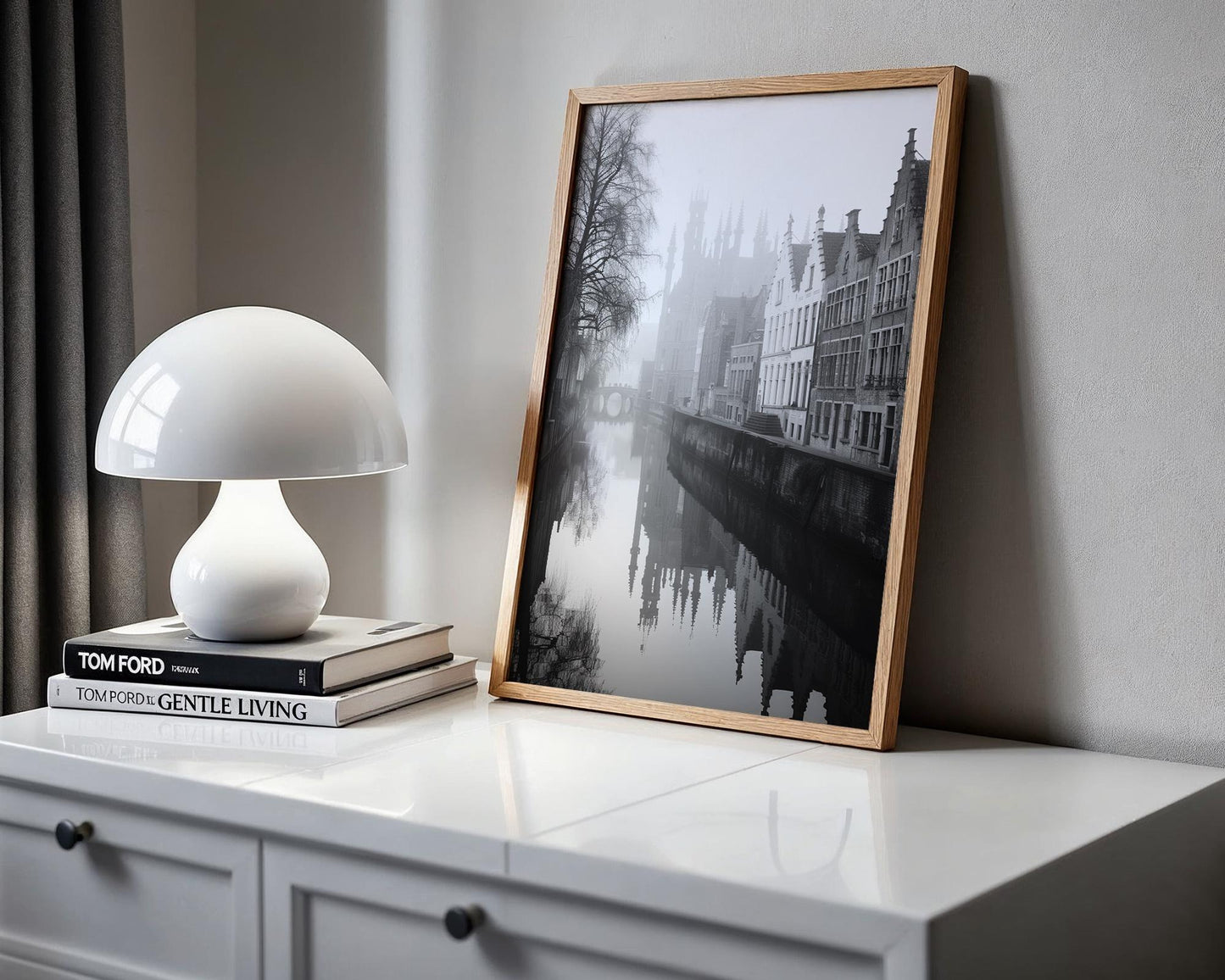 World Landmark | Bruges Belgium Photography Print | Black and White Canal Reflection wall art print, minimalist black and white poster, modern Scandinavian wall decor, Monohaus