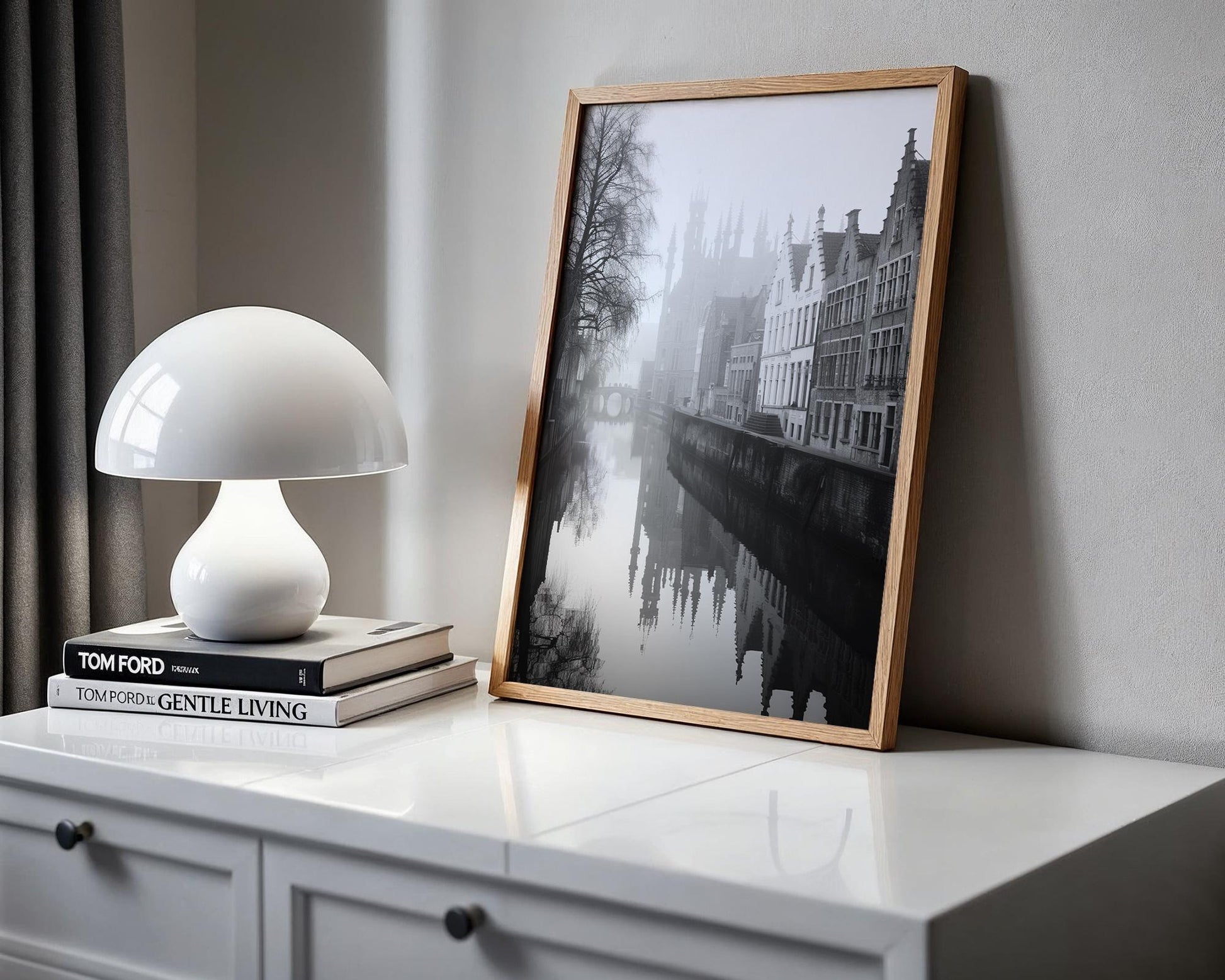 World Landmark | Bruges Belgium Photography Print | Black and White Canal Reflection wall art print, minimalist black and white poster, modern Scandinavian wall decor, Monohaus