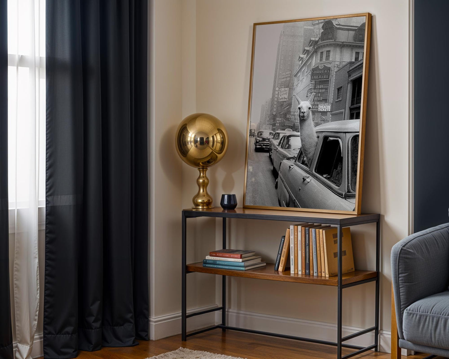 Designer Wall Art | Funny Llama in Car Print | Black and White City Photography wall art print, black and white architectural poster, minimalist modern Scandinavian wall decor, Monohaus