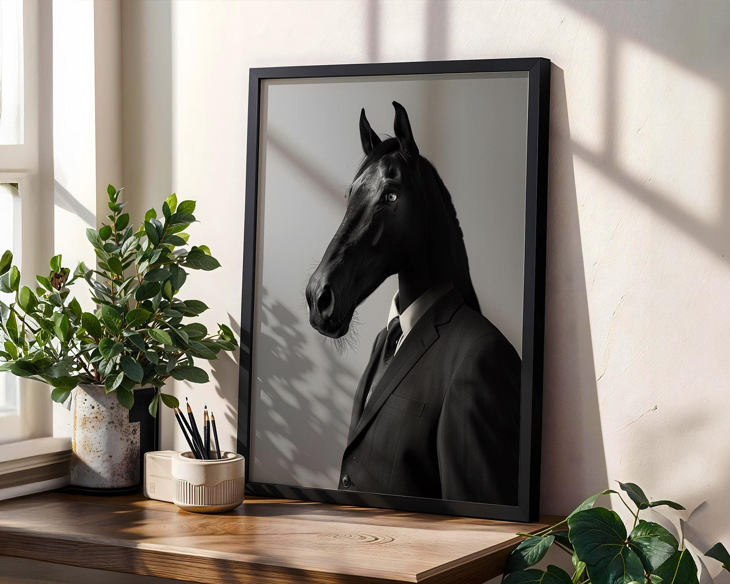 Designer Wall Art | Horse in Suit Print | Surreal Equestrian Art, Modern Minimalist Decor wall art print, minimalist black and white poster, modern Scandinavian wall decor, Monohaus