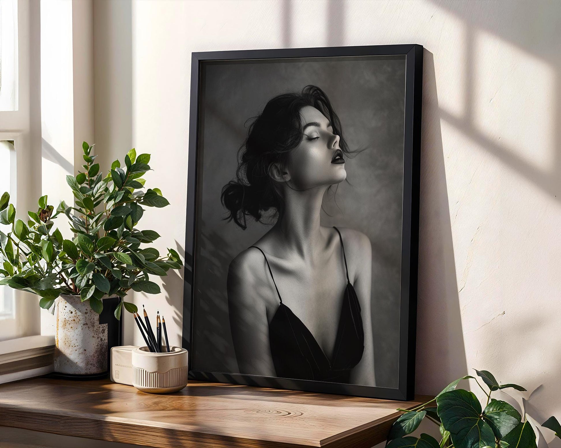 Minimal Wall Art Ethereal Woman Portrait Print | Moody Black Velvet Dress Art wall art print, minimalist black and white poster, modern Scandinavian wall decor, Monohaus