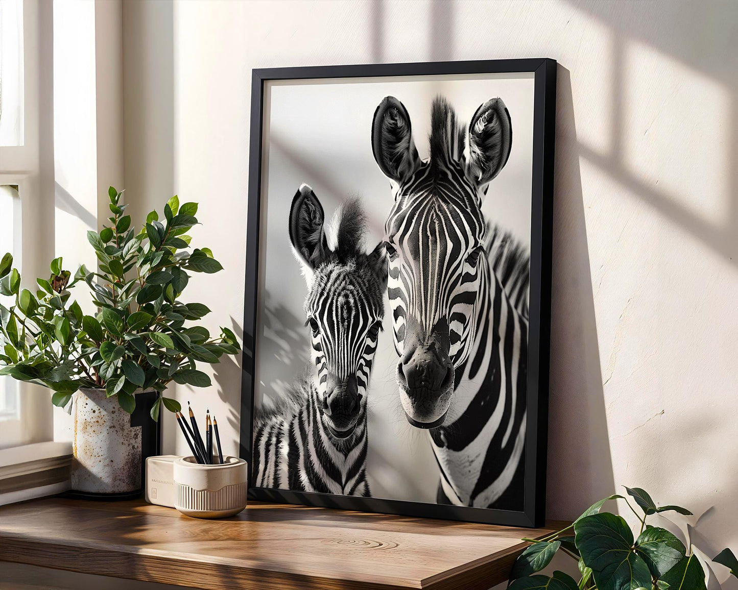 Wildlife Poster | Zebra Mother and Foal Print • Black & White Safari Photography wall art print, minimalist black and white poster, modern Scandinavian wall decor, Monohaus