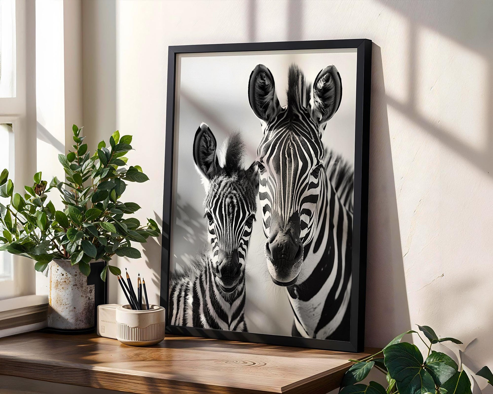 Wildlife Poster | Zebra Mother and Foal Print • Black & White Safari Photography wall art print, minimalist black and white poster, modern Scandinavian wall decor, Monohaus