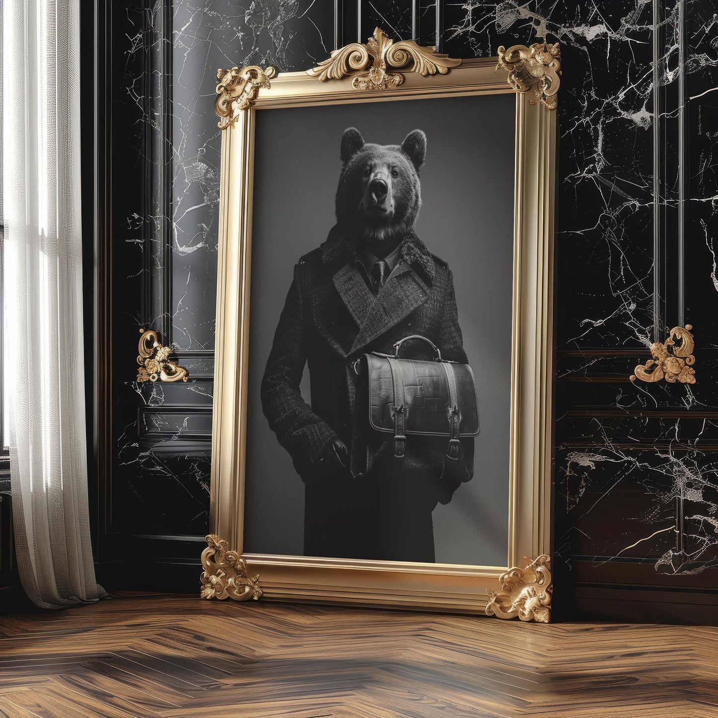 Dog Photography Bear in Suit Print | Black and White Animal Portrait, Modern Noir Art wall art print, minimalist black and white poster, modern Scandinavian wall decor, Monohaus