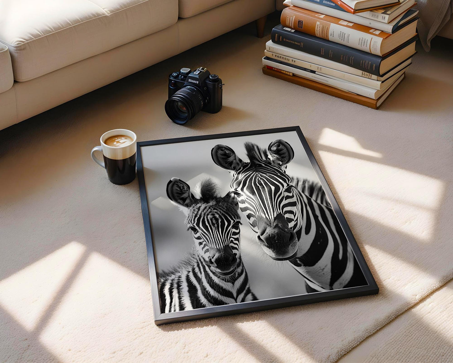 Wildlife Poster | Zebra Mother and Foal Print • Black & White Safari Photography wall art print, minimalist black and white poster, modern Scandinavian wall decor, Monohaus