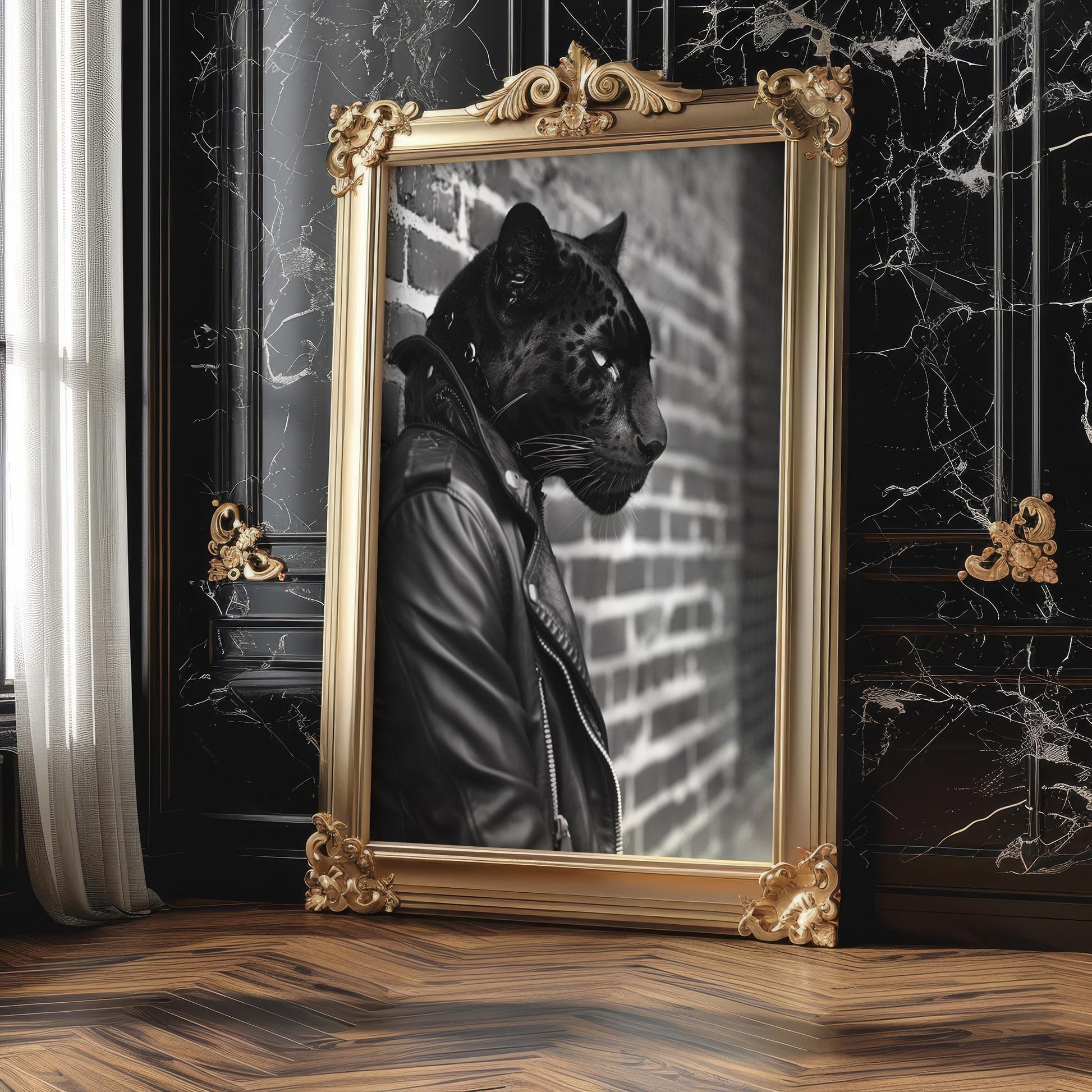 Black Panther Leather Jacket Print | Bold Animal Portrait, Urban Wall Art black and white photo print, minimalist monochrome wall art poster for modern interiors, Monohaus