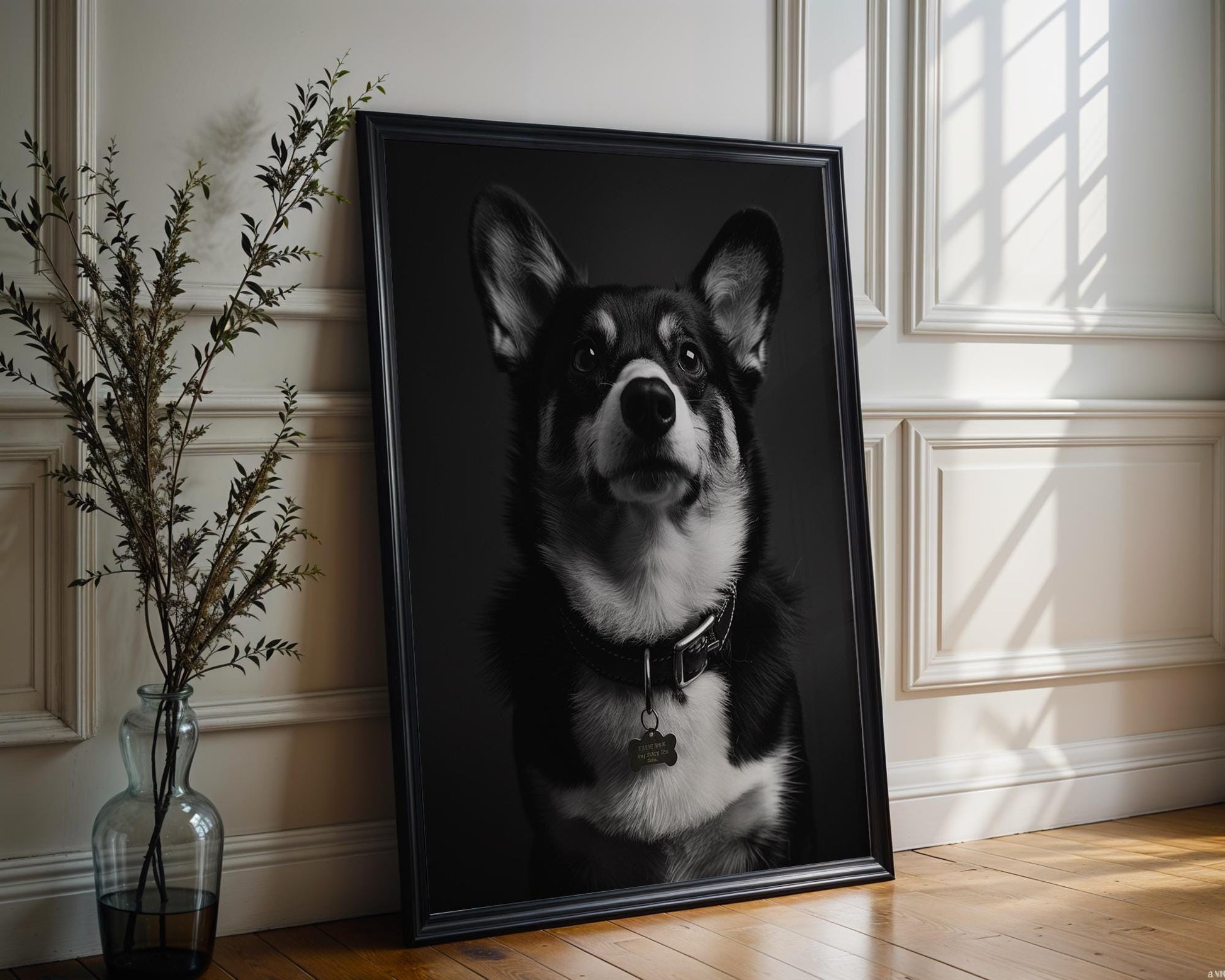 Dog Photography Monochrome Corgi Portrait | Minimalist Black and White Pet Art Print wall art print, minimalist black and white poster, modern Scandinavian wall decor, Monohaus