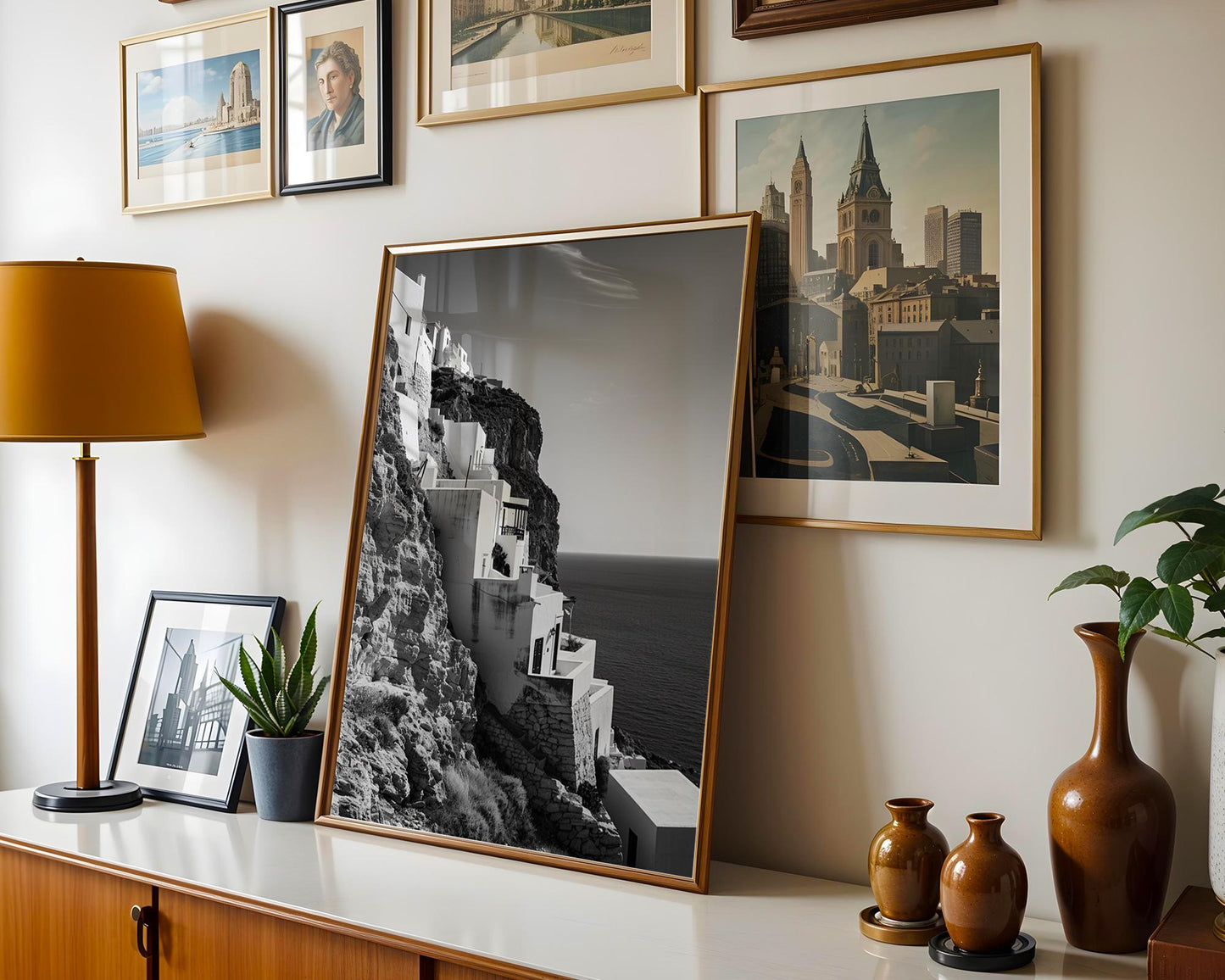 World Landmark | Santorini Cliff Houses Print | Black and White Greece Photography wall art print, minimalist black and white poster, modern Scandinavian wall decor, Monohaus