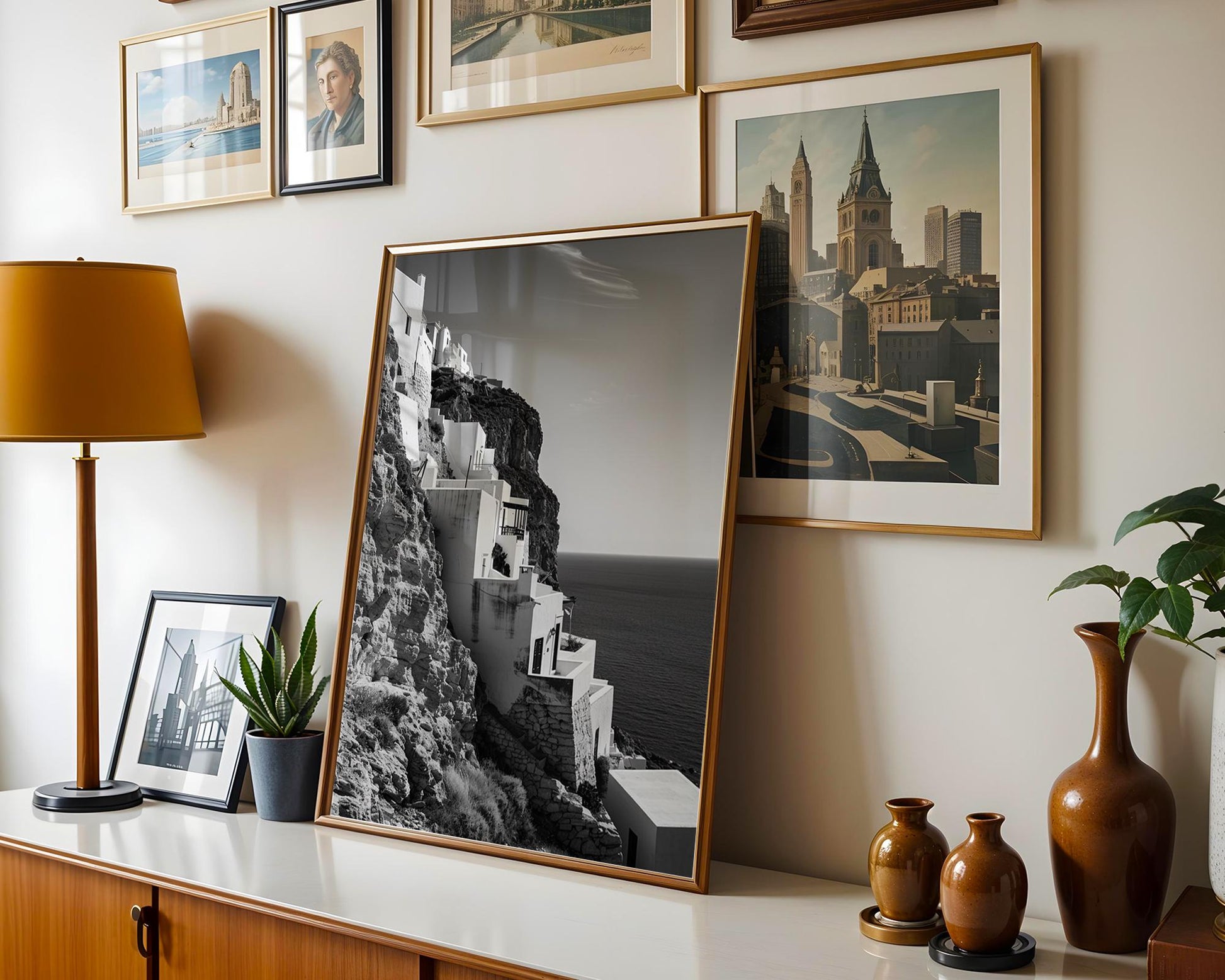 World Landmark | Santorini Cliff Houses Print | Black and White Greece Photography wall art print, minimalist black and white poster, modern Scandinavian wall decor, Monohaus