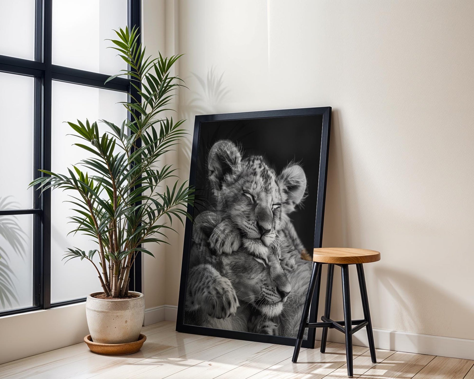 Wildlife Poster | Lion Cubs Sleeping Photography Print • Black & White Scandi Wall Art wall art print, minimalist black and white poster, modern Scandinavian wall decor, Monohaus