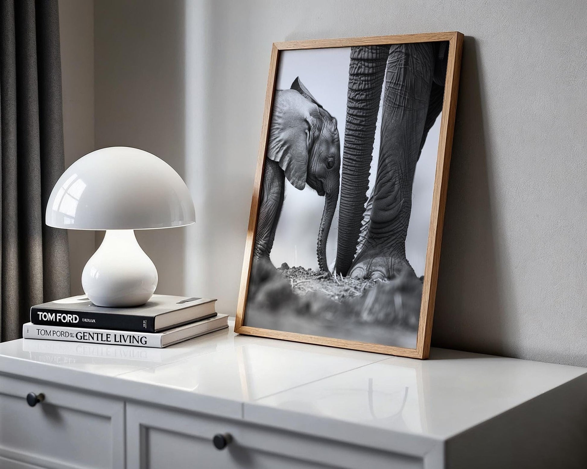 Wildlife Poster | Elephant Calf & Mother Print | Black and White Safari Photography wall art print, minimalist black and white poster, modern Scandinavian wall decor, Monohaus