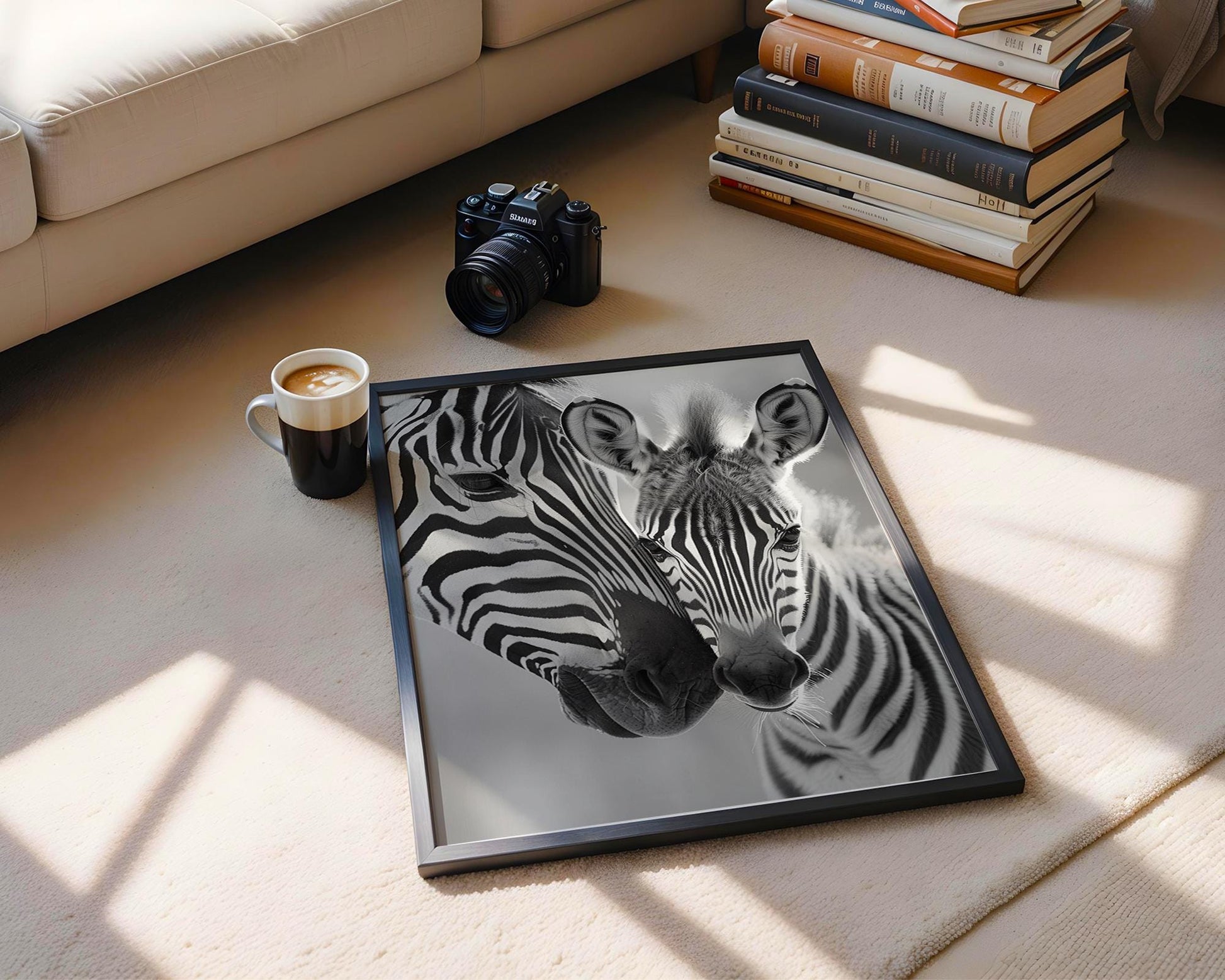 Wildlife Poster | Mother and Baby Zebra Print • Black & White Safari Animal Photography wall art print, minimalist black and white poster, modern Scandinavian wall decor, Monohaus