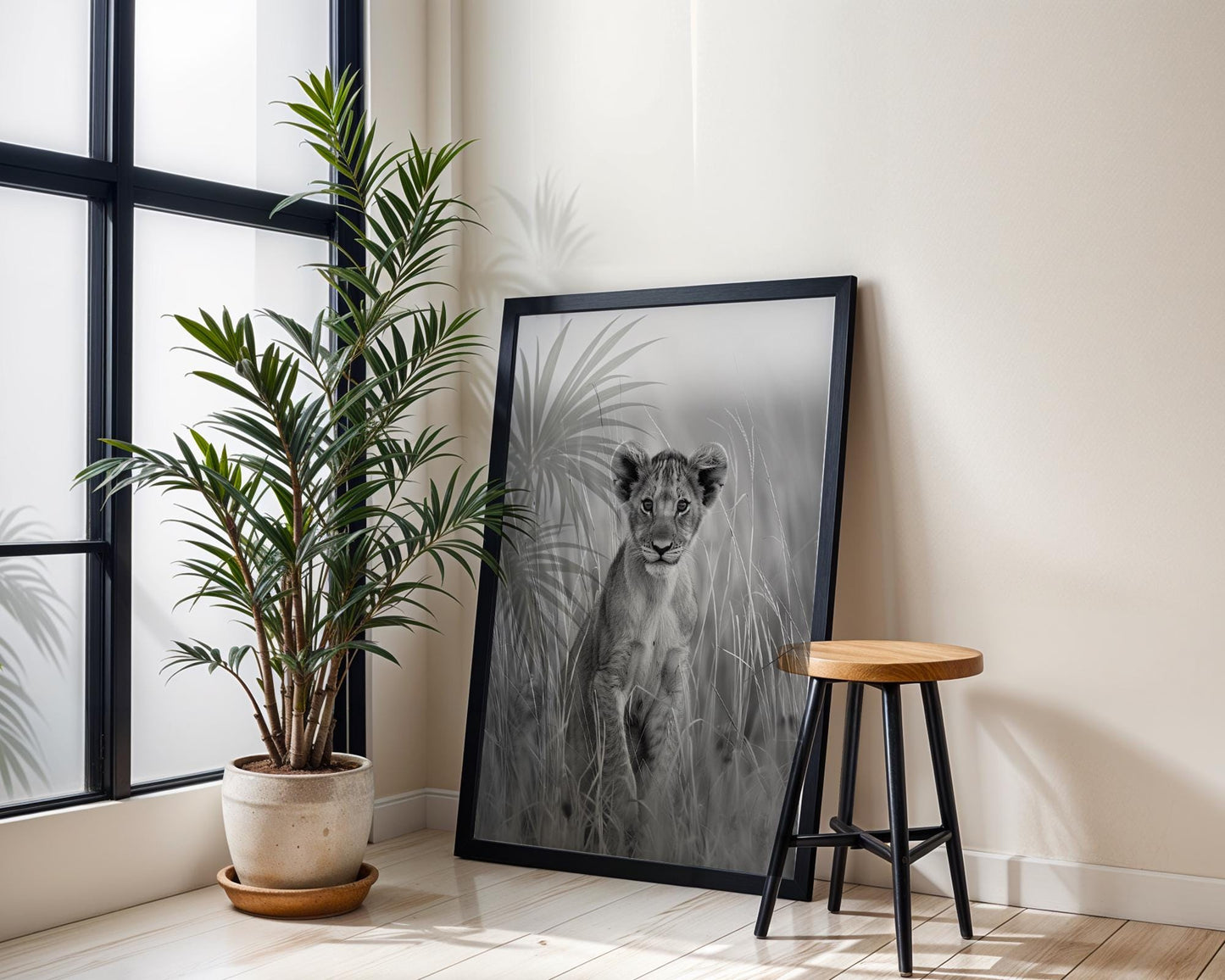 Wildlife Poster | Lion Cub Portrait Print | Minimalist Black & White Photography wall art print, minimalist black and white poster, modern Scandinavian wall decor, Monohaus