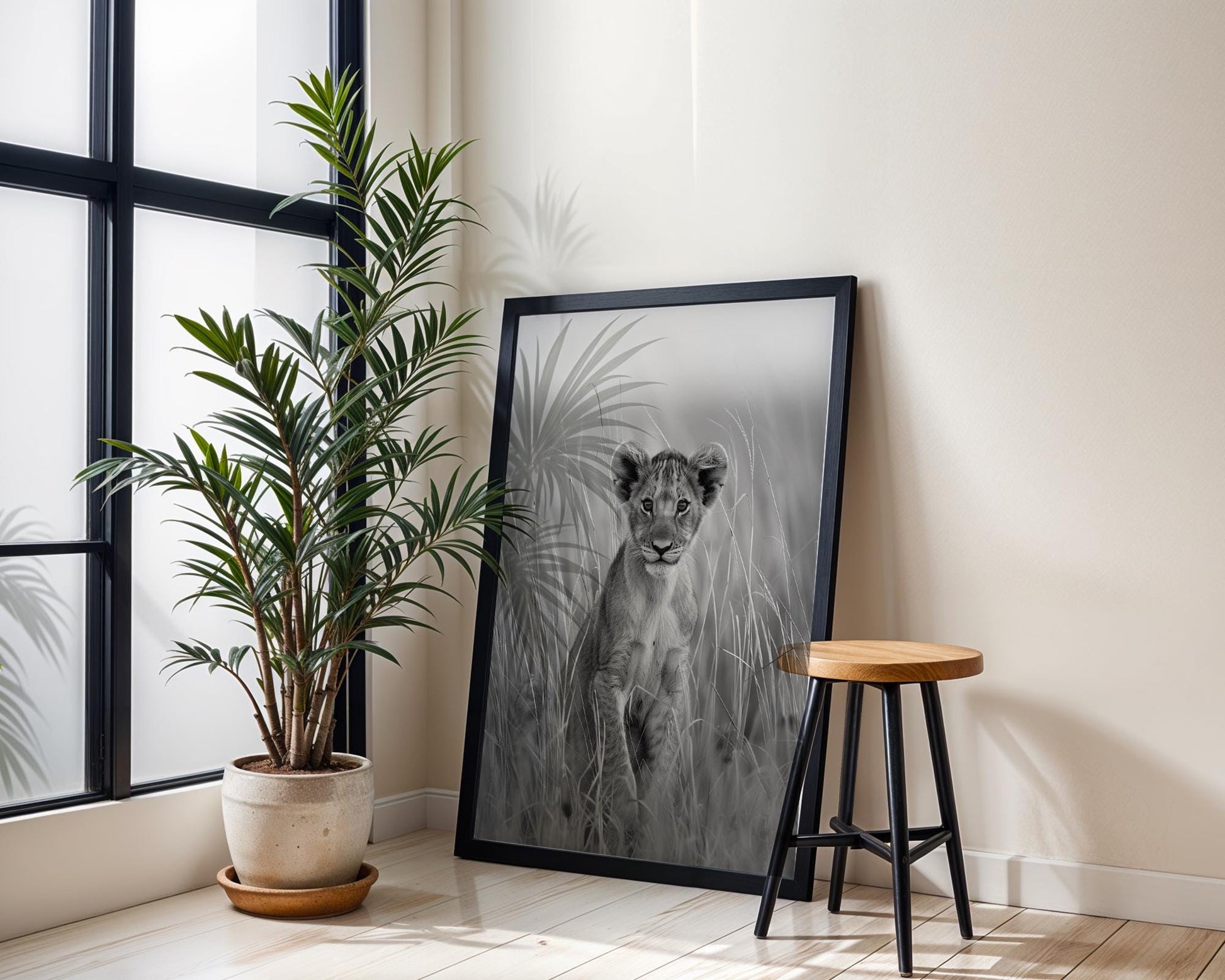 Wildlife Poster | Lion Cub Portrait Print | Minimalist Black & White Photography wall art print, minimalist black and white poster, modern Scandinavian wall decor, Monohaus