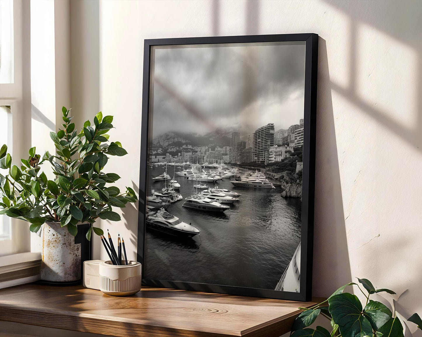 World Landmark | Monte Carlo Harbor Print | Black and White Yacht Marina Fine Art