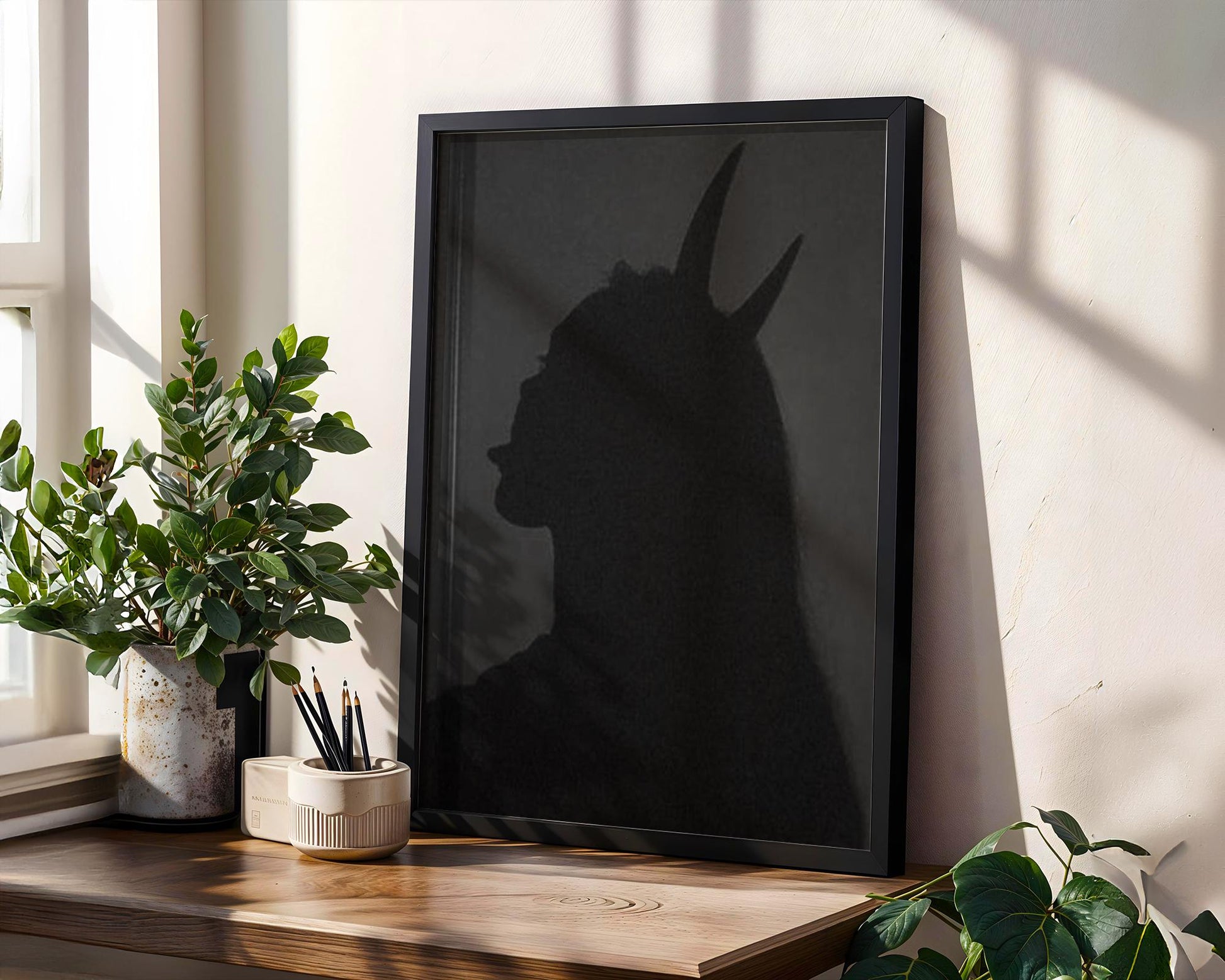 Designer Wall Art | Devil Horns Shadow Print | Minimalist Gothic Home Decor wall art print, minimalist black and white poster, modern Scandinavian wall decor, Monohaus