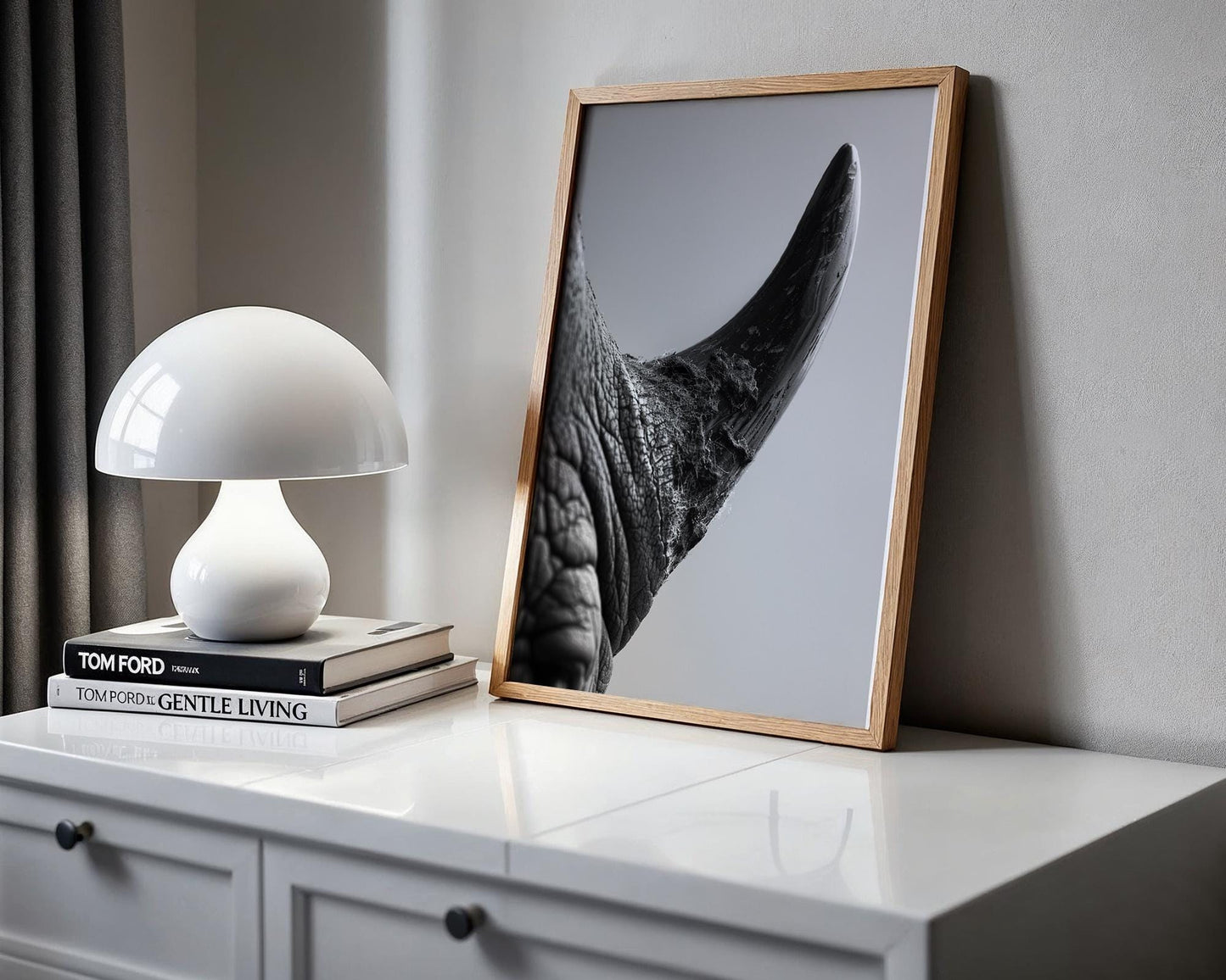Wildlife Poster | Rhino Horn Fine Art Photography | Modern Scandi Interior Decor wall art print, minimalist black and white poster, modern Scandinavian wall decor, Monohaus
