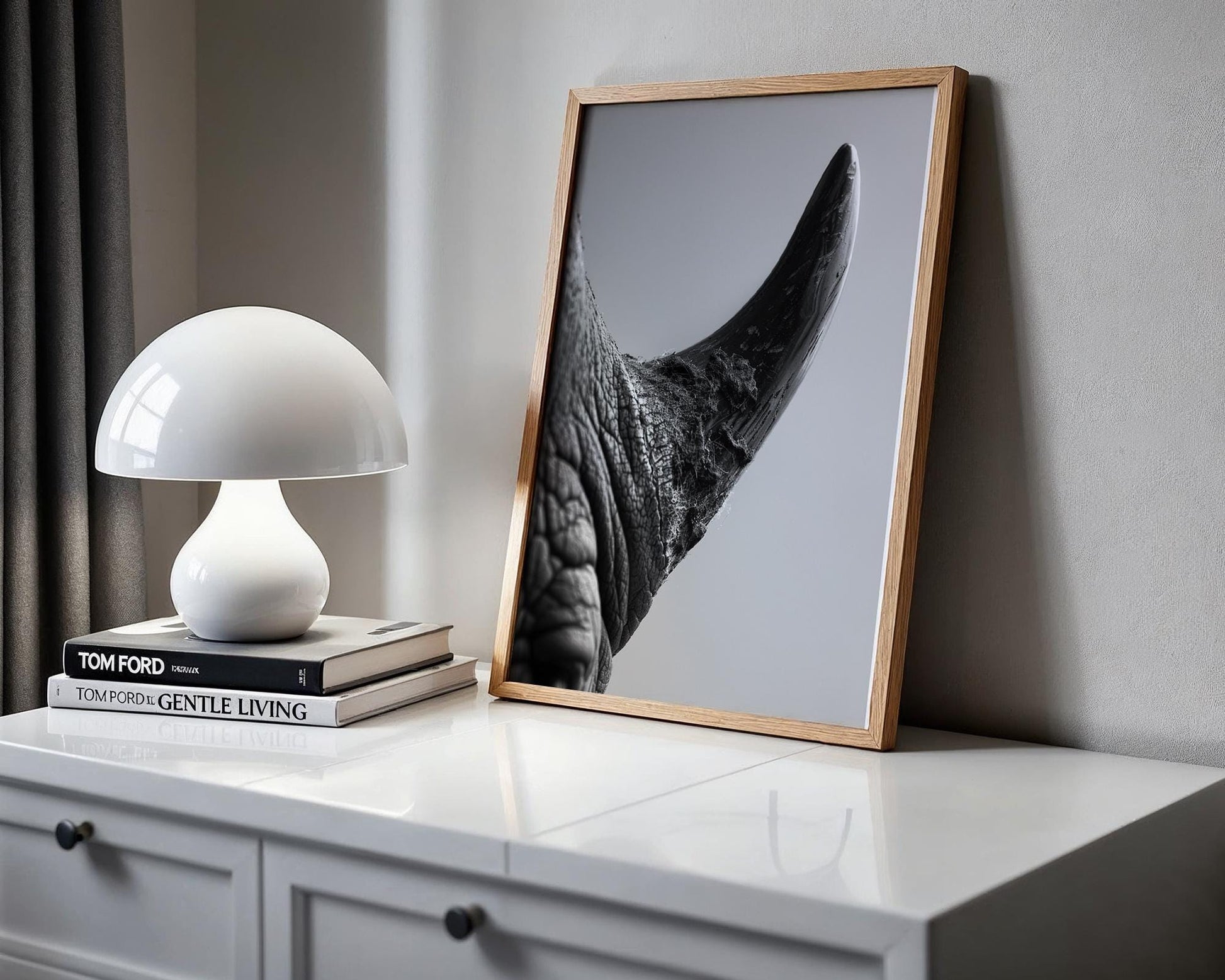 Wildlife Poster | Rhino Horn Fine Art Photography | Modern Scandi Interior Decor wall art print, minimalist black and white poster, modern Scandinavian wall decor, Monohaus