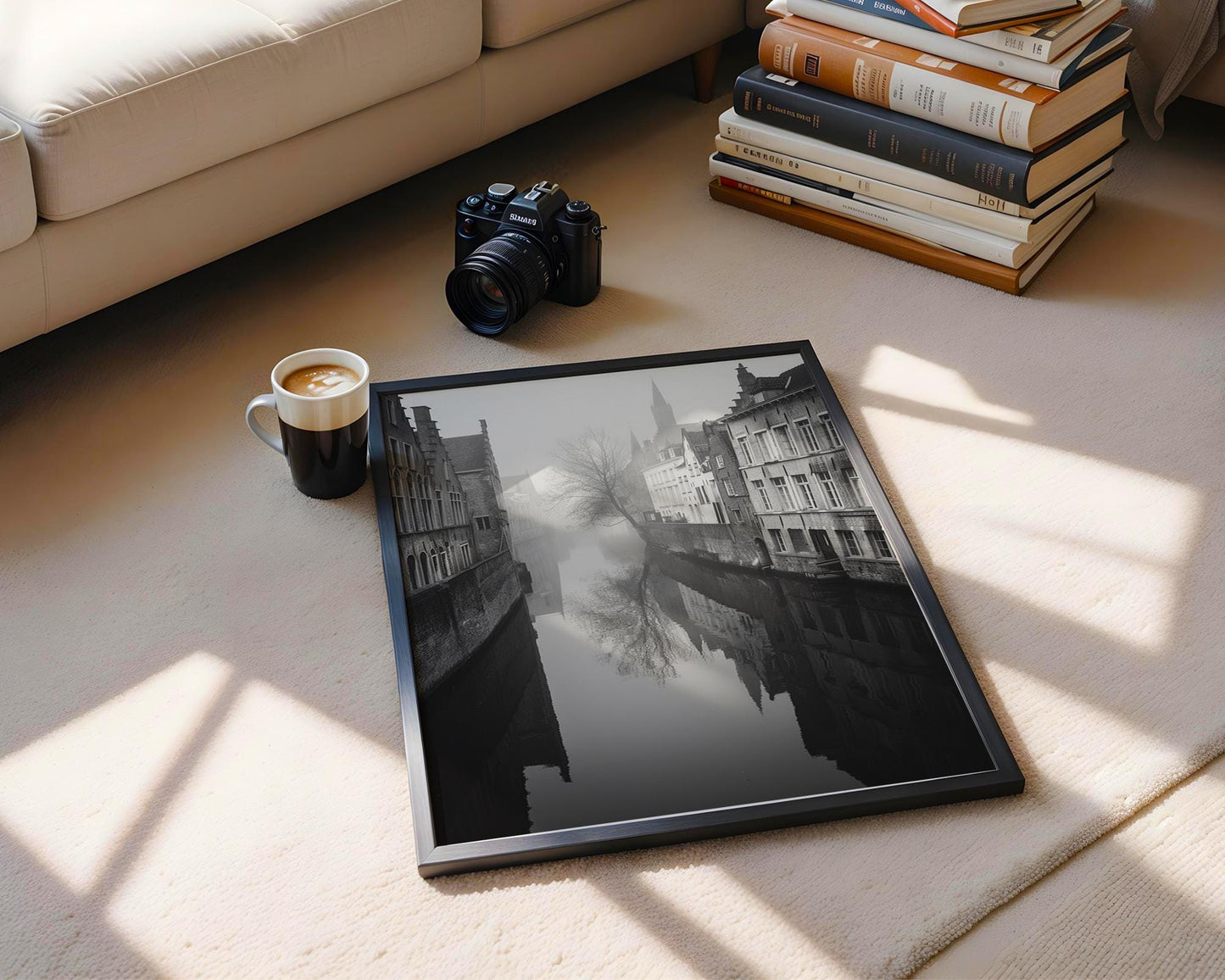 World Landmark | Bruges Canal Print | Black and White Belgium Architecture Photography wall art print, black and white architectural poster, minimalist modern Scandinavian wall decor, Monohaus