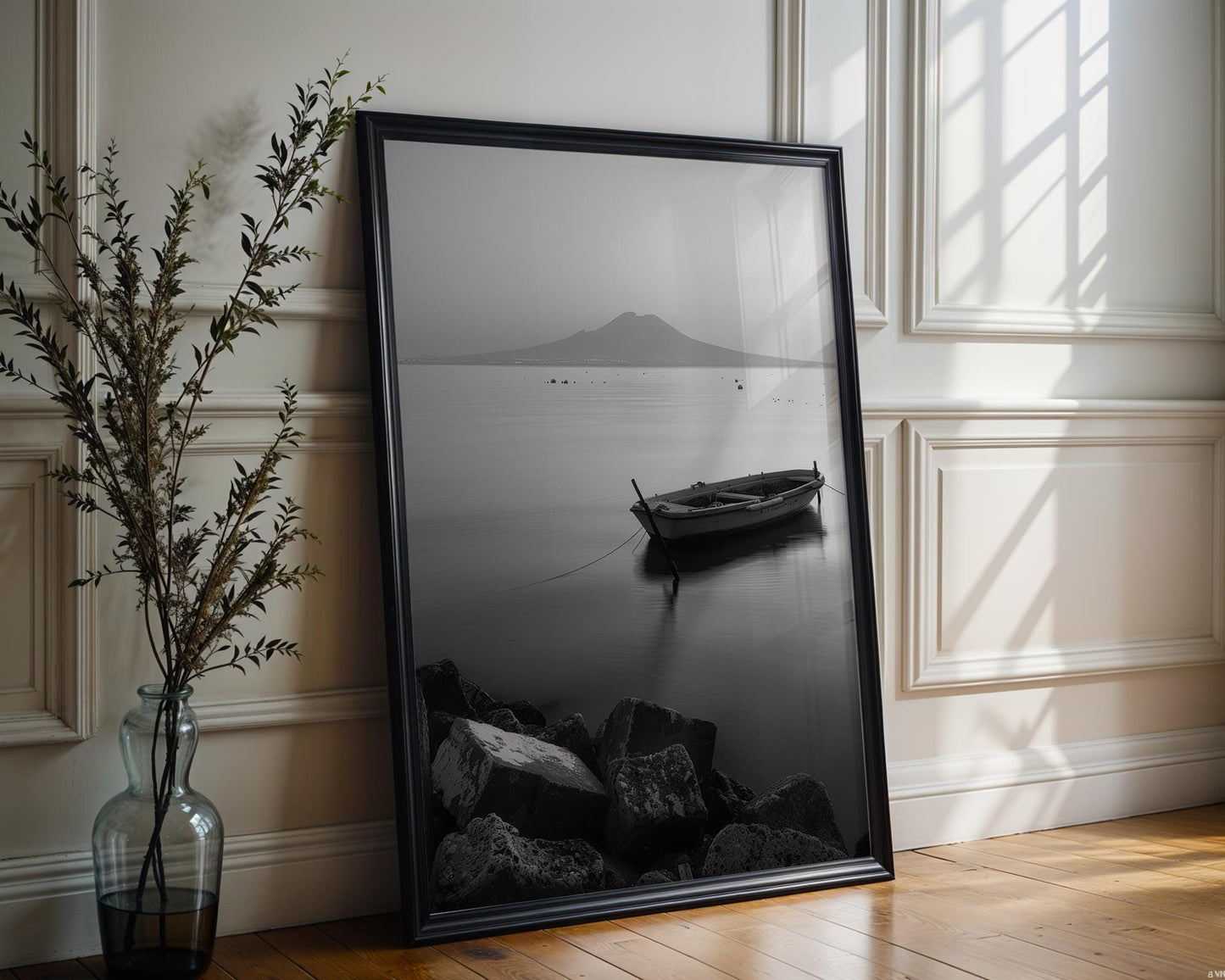 World Landmark | Naples Italy Photography | Mount Vesuvius, Boat Black and White Print