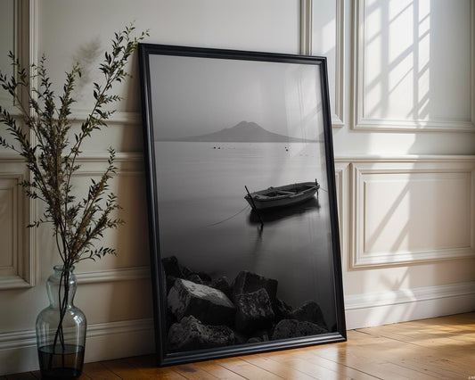 World Landmark | Naples Italy Photography | Mount Vesuvius, Boat Black and White Print