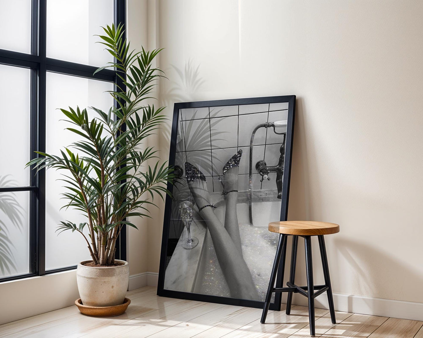 Designer Wall Art | Sparkle Heels Bath Print | Glam Monochrome Photography wall art print, minimalist black and white poster, modern Scandinavian wall decor, Monohaus