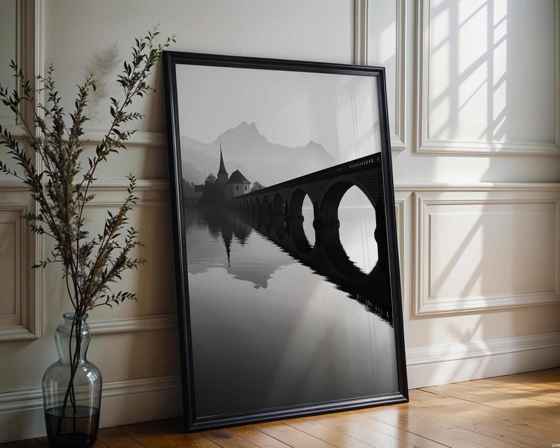 World Landmark | Lucerne Bridge Print | Swiss Black and White Photography, Minimalist Wall Art wall art print, minimalist black and white poster, modern Scandinavian wall decor, Monohaus