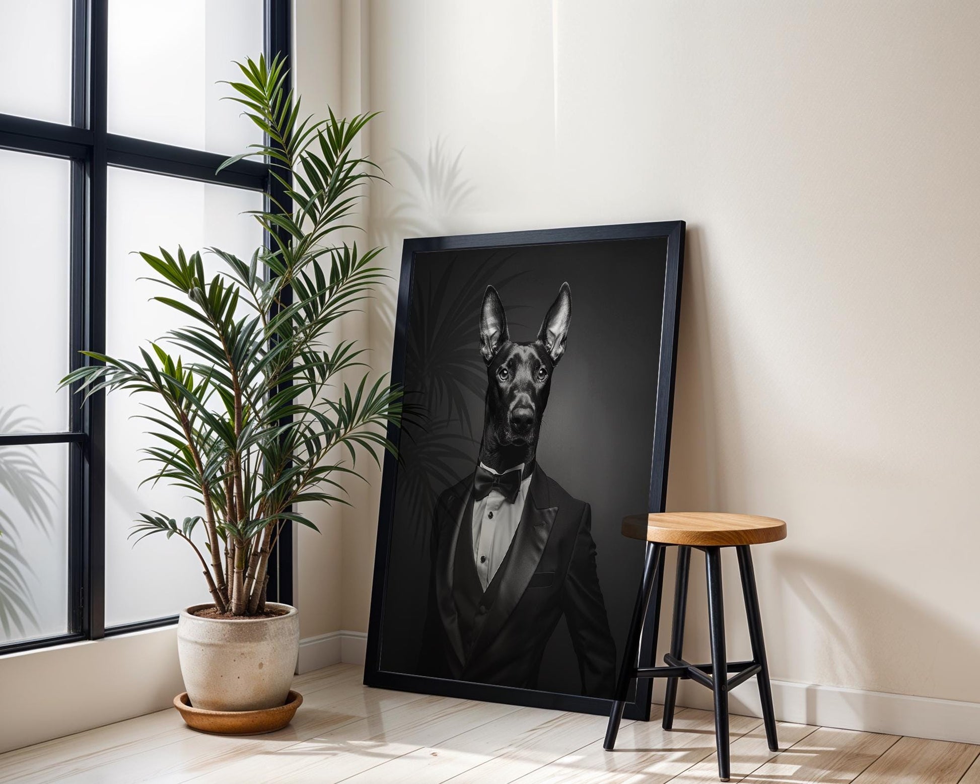 Dog Photography Doberman in Tuxedo Print | Modern Pet Portrait, Black Tie wall art print, minimalist black and white poster, modern Scandinavian wall decor, Monohaus