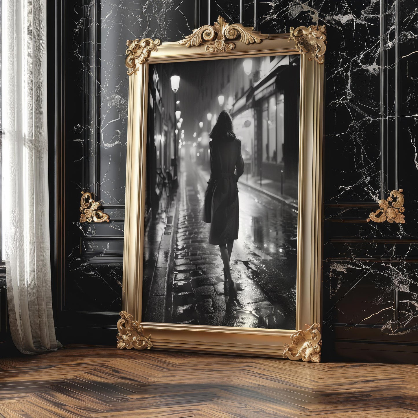 Paris Noir Photography Print | Woman Walking, Urban Night Scene black and white photo print, minimalist monochrome wall art poster for modern interiors, Monohaus