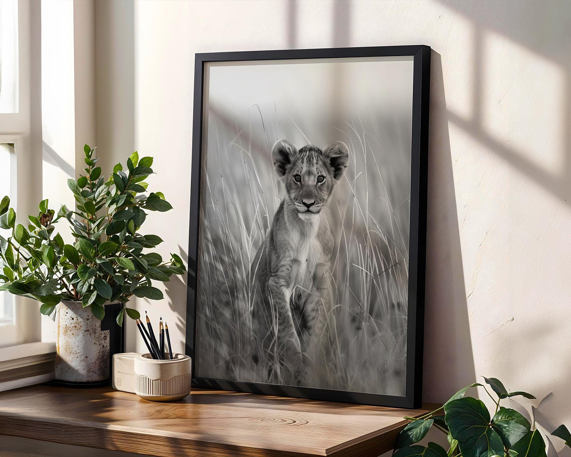 Wildlife Poster | Lion Cub Portrait Print | Minimalist Black & White Photography wall art print, minimalist black and white poster, modern Scandinavian wall decor, Monohaus