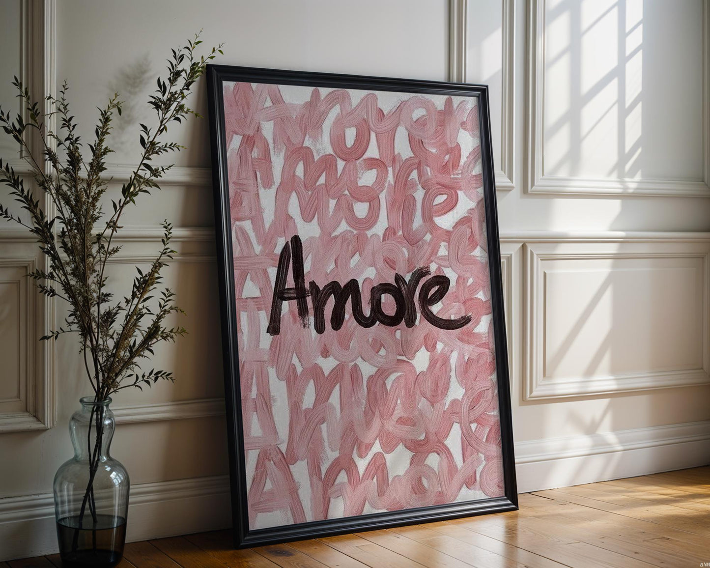 Designer Wall Art | Amore Typography Poster | Modern Blush Pink Love Print typography wall art print, minimalist black and white type poster, modern graphic design decor, Monohaus