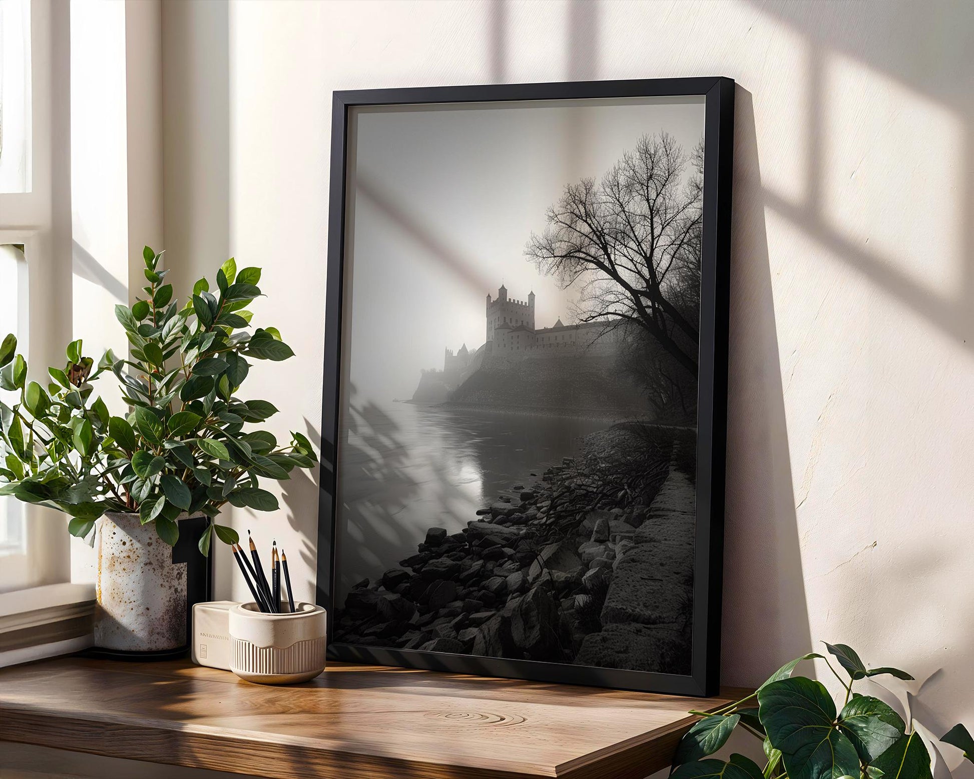 World Landmark | Castle Riverbank Photography Print | Minimalist Black and White Wall Art wall art print, minimalist black and white poster, modern Scandinavian wall decor, Monohaus