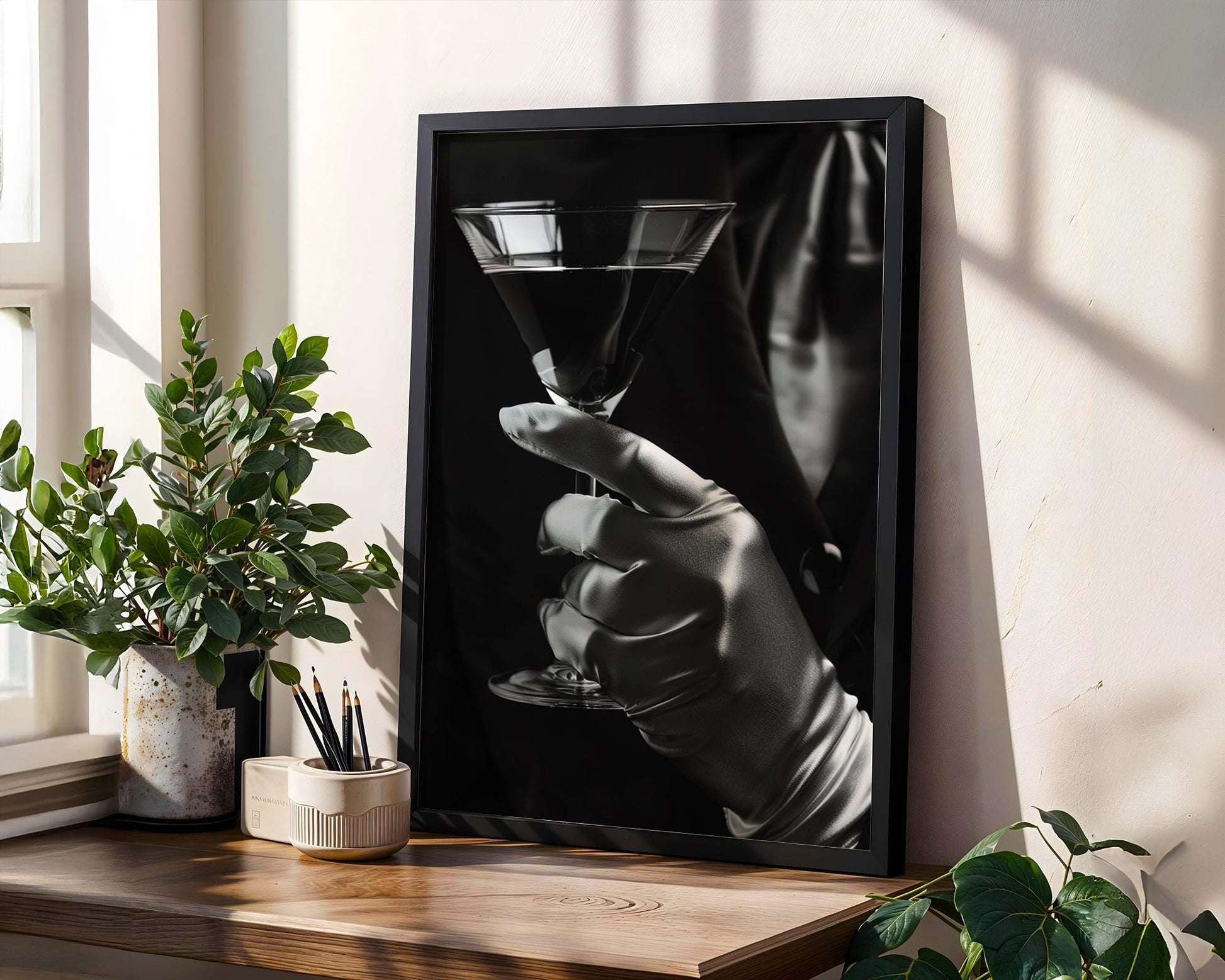 Urban Photography | Martini in Glove Art Print | Elegant Bar Photography black and white photo print, minimalist monochrome wall art poster for modern interiors, Monohaus