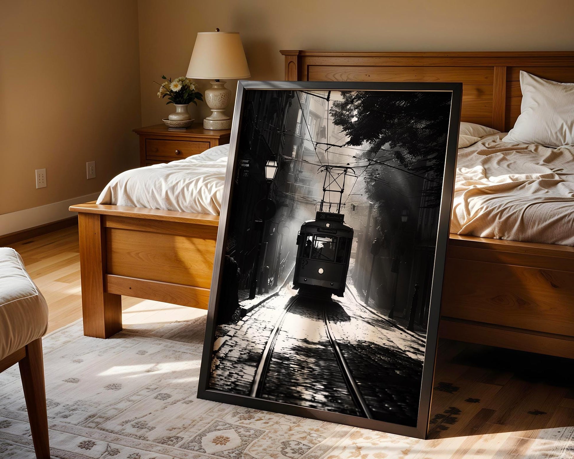 World Landmark | Lisbon Tram Print | Black and White Portugal Street Photography black and white photo print, minimalist monochrome wall art poster for modern interiors, Monohaus