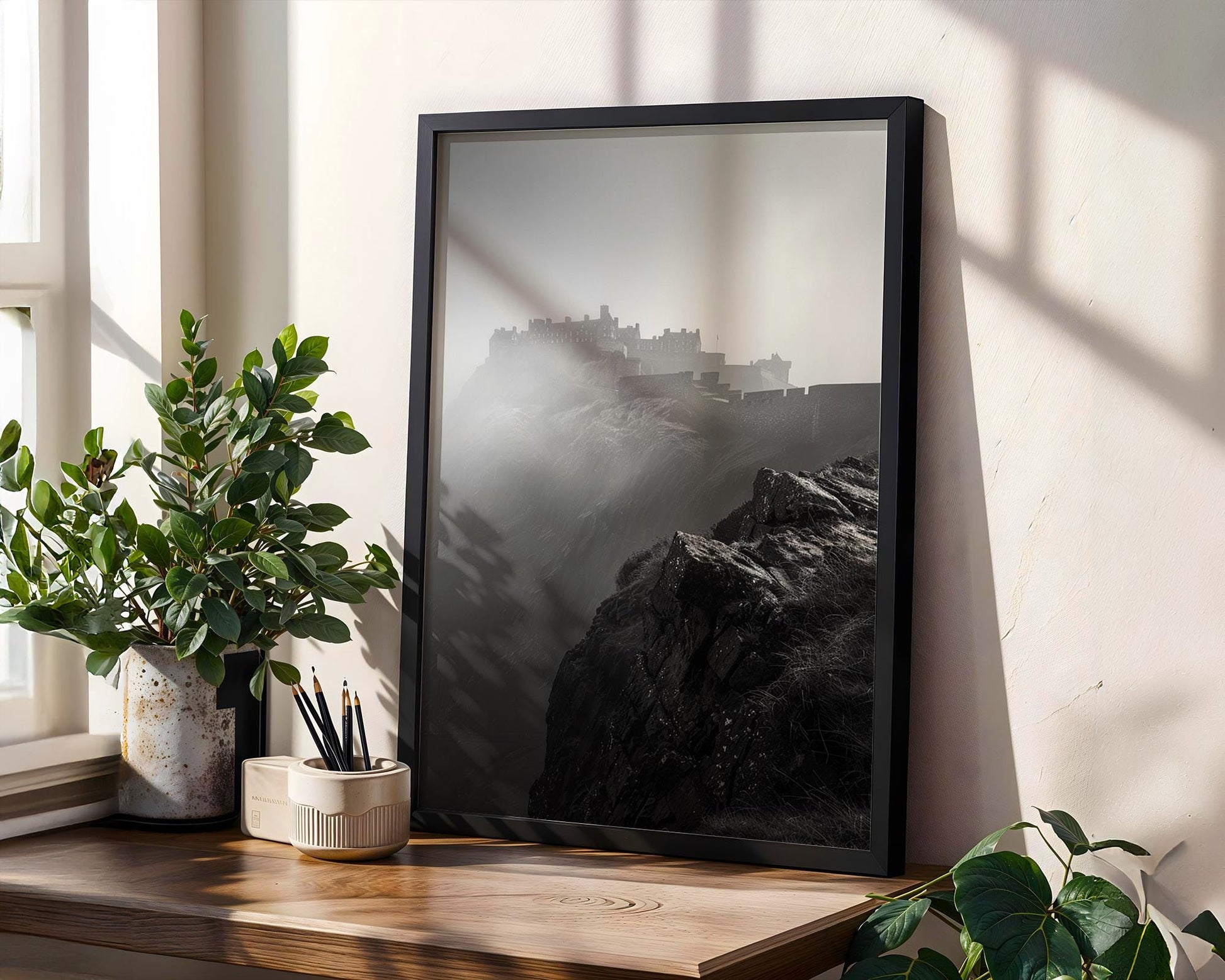 World Landmark | Edinburgh Castle Print | Moody Scotland Black & White Photography wall art print, minimalist black and white poster, modern Scandinavian wall decor, Monohaus