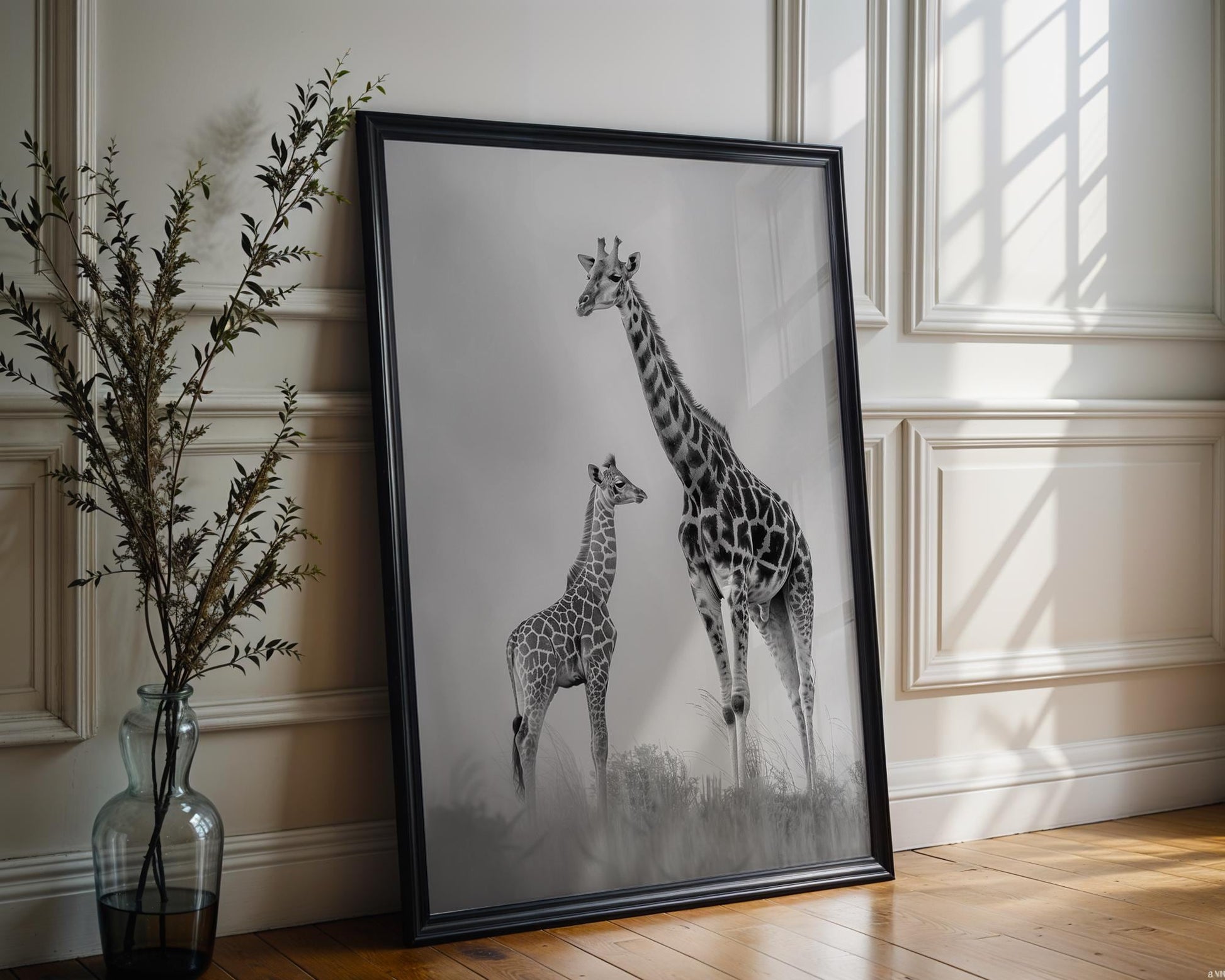 Wildlife Poster | Giraffe & Calf Print | Minimalist Black and White Photography wall art print, minimalist black and white poster, modern Scandinavian wall decor, Monohaus
