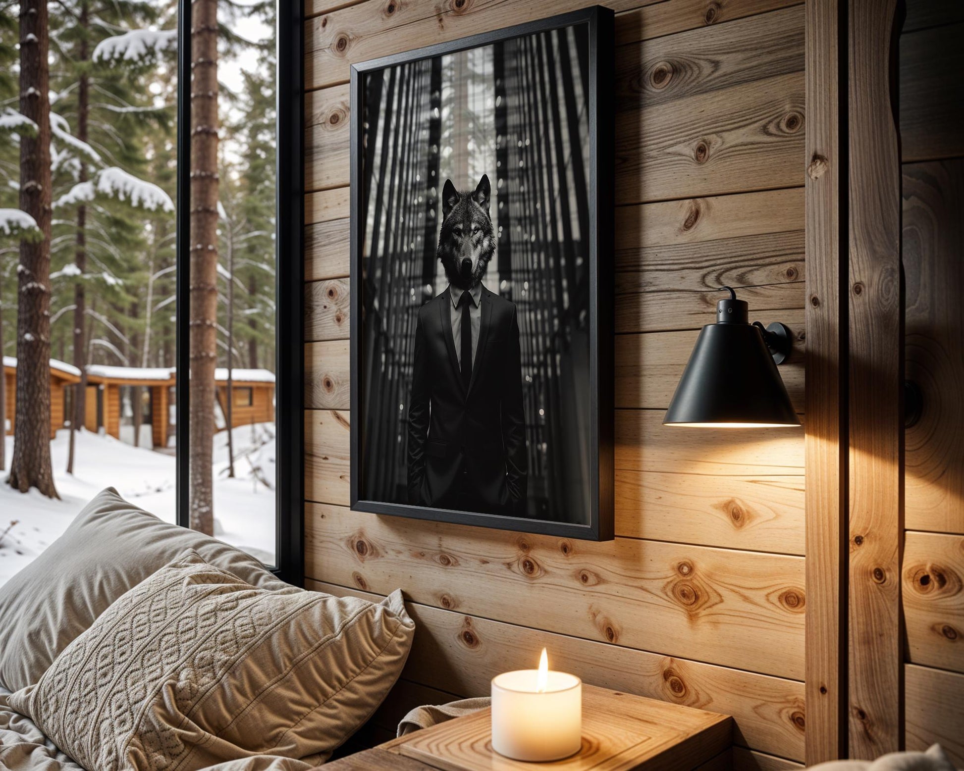 Designer Wall Art | Black and White Surreal Photography | Wolf Head in Suit wall art print, minimalist black and white poster, modern Scandinavian wall decor, Monohaus