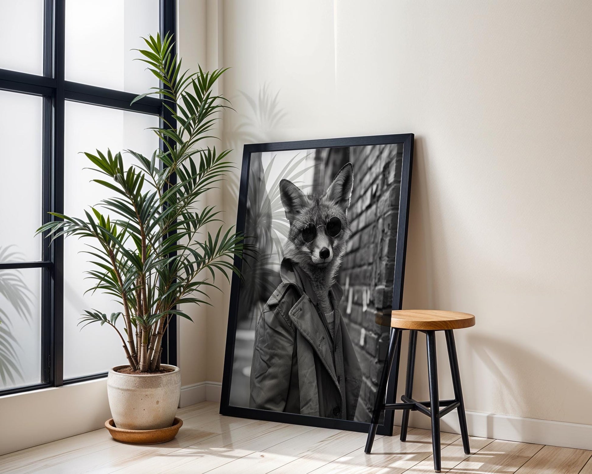 Designer Wall Art | Fox with Sunglasses Art Print | Black and White Animal Portrait wall art print, minimalist black and white poster, modern Scandinavian wall decor, Monohaus