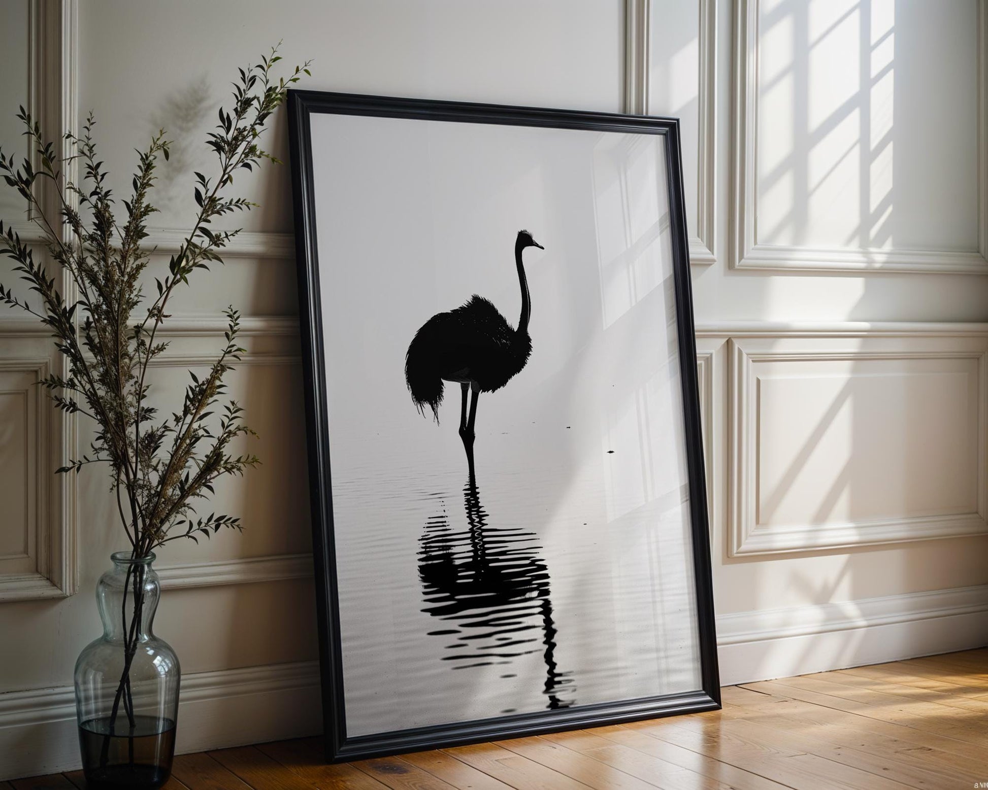 Wildlife Poster | Ostrich Silhouette Art Print • Minimalist Black & White Photography wall art print, minimalist black and white poster, modern Scandinavian wall decor, Monohaus