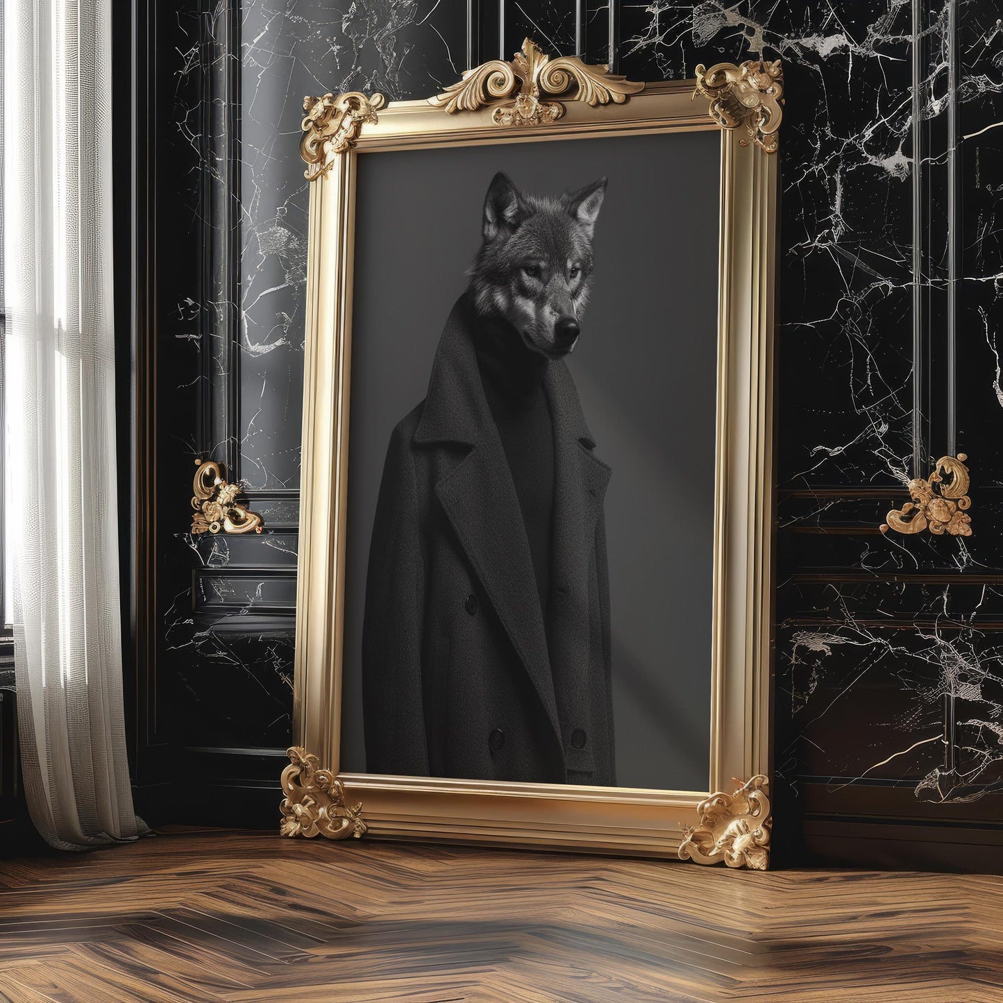 Designer Wall Art | Wolf in Black Coat Art Print | Modern Anthropomorphic Animal Portrait wall art print, minimalist black and white poster, modern Scandinavian wall decor, Monohaus