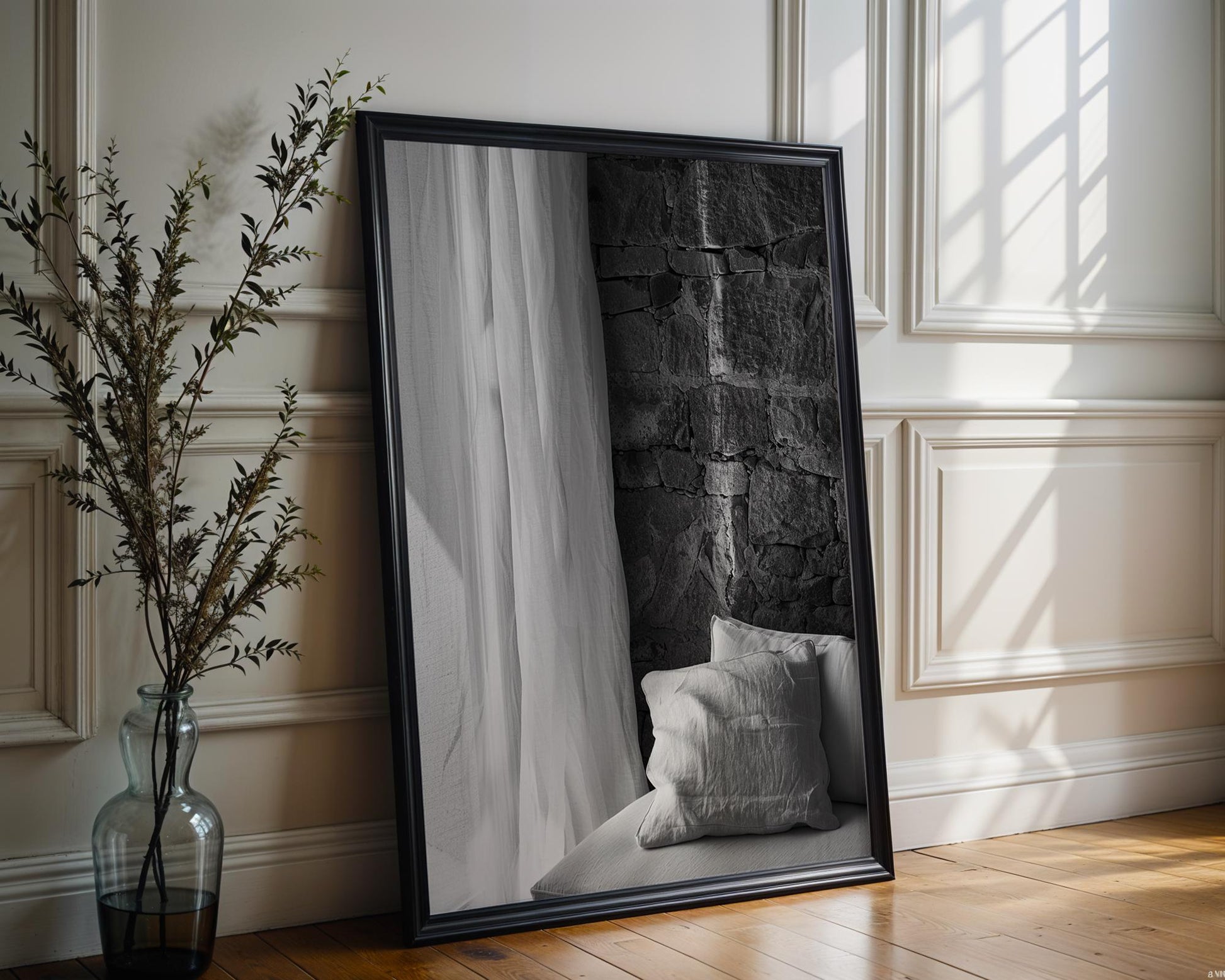 Minimal Wall Art Black and White Interior Print | Linen Pillow, Stone Wall (Digital Download) wall art print, minimalist black and white poster, modern Scandinavian wall decor, Monohaus