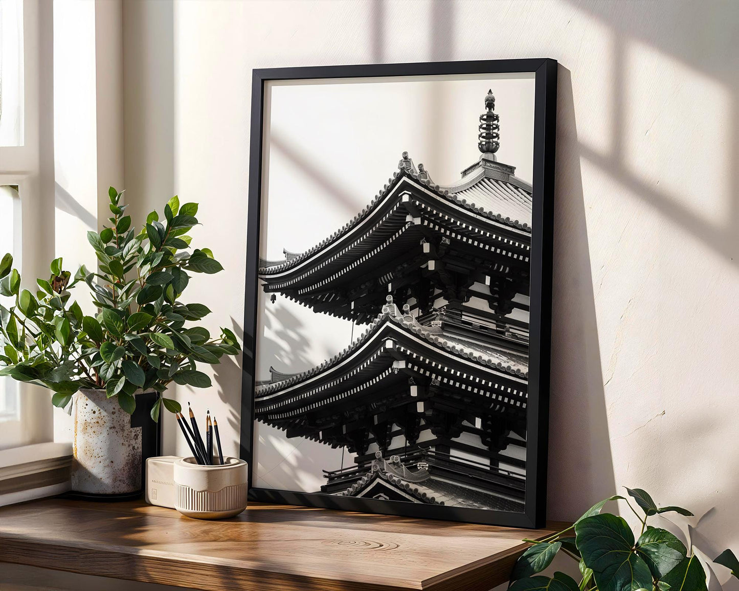 World Landmark | Hōryū-ji Temple Pagoda Print | Nara Japan Black and White Architecture