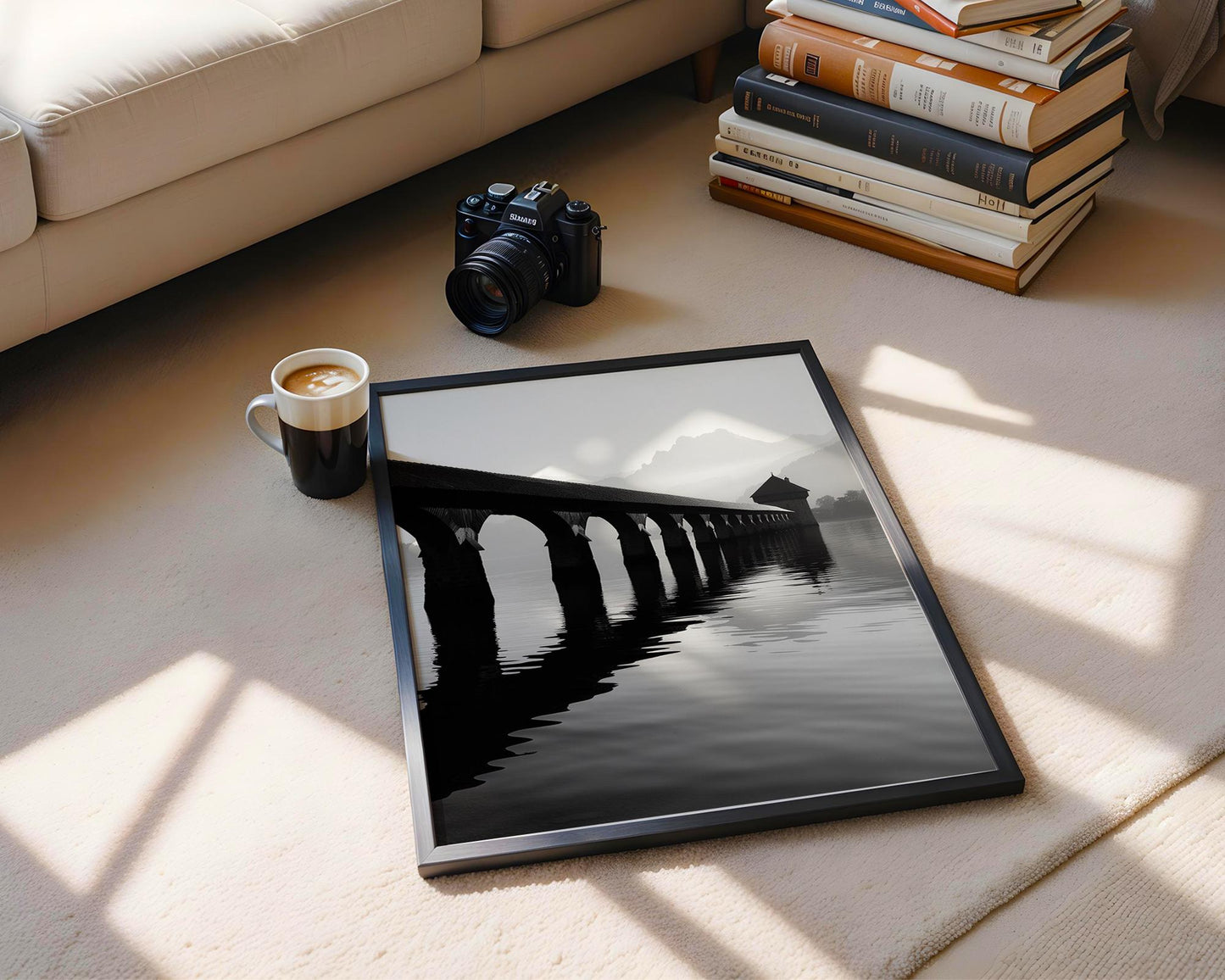 World Landmark | Chapel Bridge, Lake Lucerne Print | Swiss Black and White Photography wall art print, minimalist black and white poster, modern Scandinavian wall decor, Monohaus