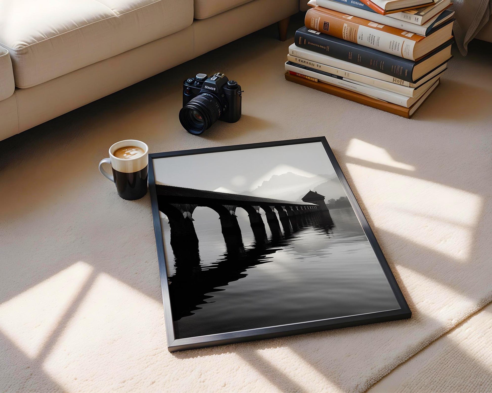 World Landmark | Chapel Bridge, Lake Lucerne Print | Swiss Black and White Photography wall art print, minimalist black and white poster, modern Scandinavian wall decor, Monohaus