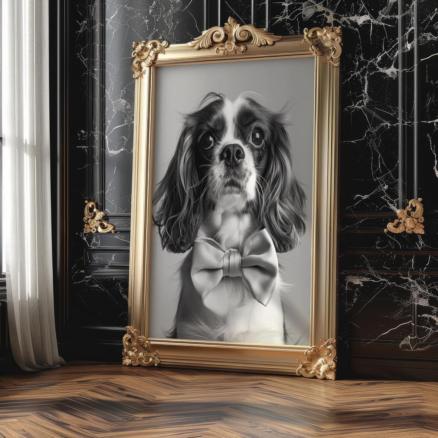 Dog Photography Cavalier Pet Portrait | Black and White Art with Bow Tie wall art print, minimalist black and white poster, modern Scandinavian wall decor, Monohaus